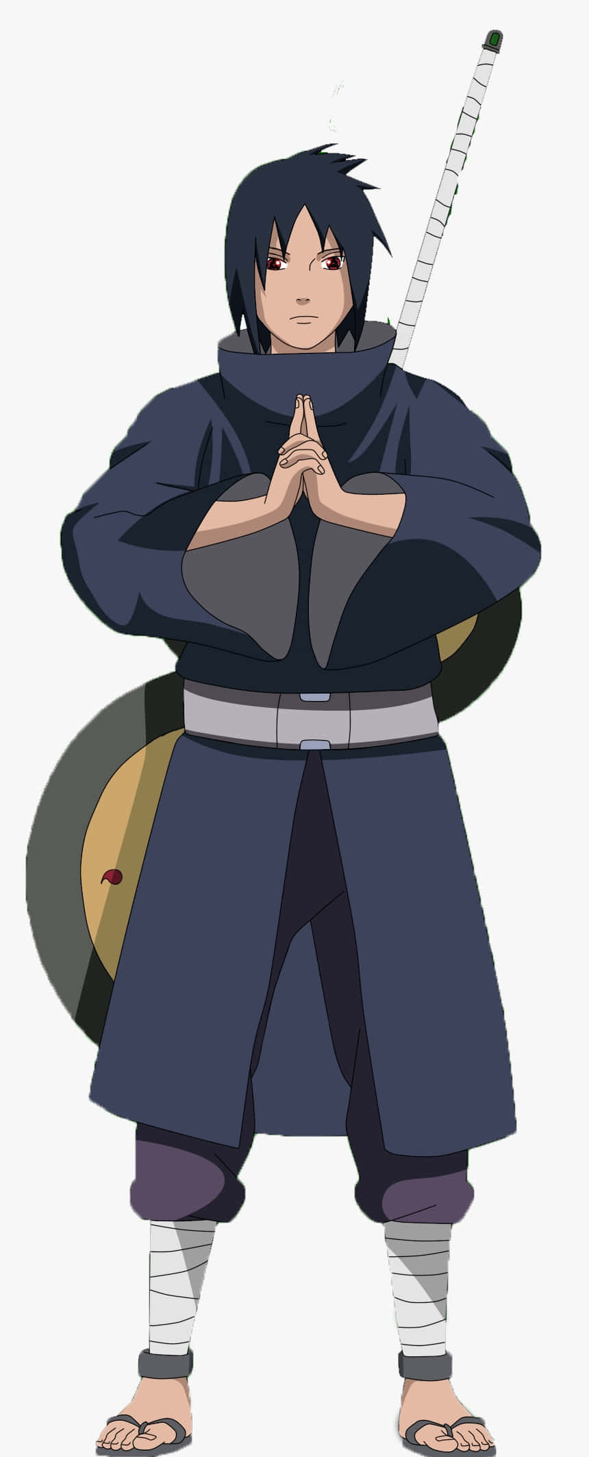 Izuna Uchiha 桌布 壁紙 — 動畫角色宇智波佐助以祈禱姿勢站立，身穿深藍色忍者服，背上背著一把劍。
