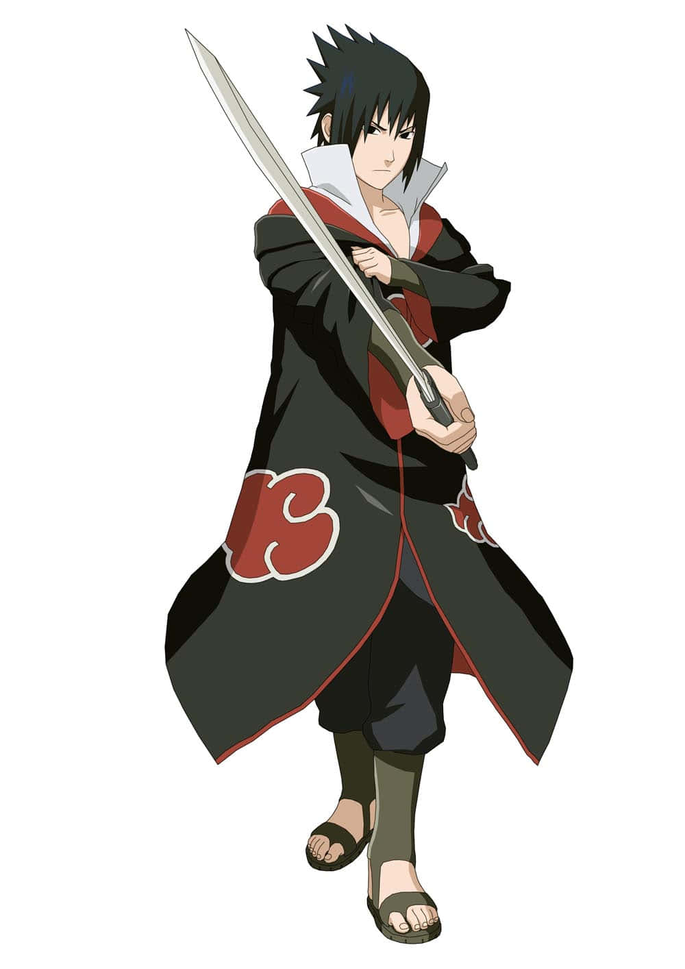 Akatsuki Sasuke 桌布 壁紙 — 動畫角色宇智波佐助手持劍，擺出姿勢，身穿標誌性的黑色紅雲斗篷。