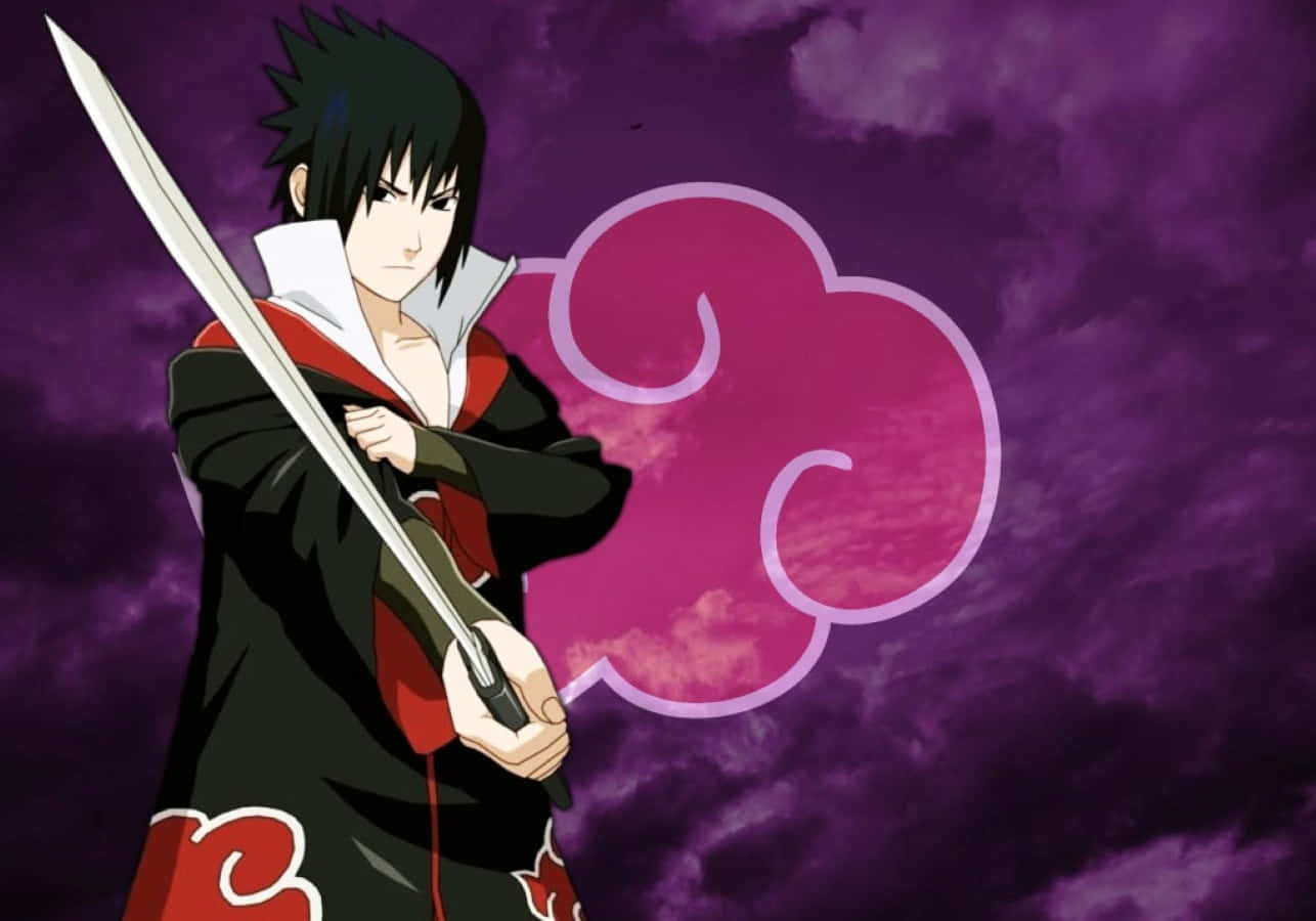 Akatsuki Sasuke 桌布 壁紙 — 動畫角色宇智波佐助身穿曉組織斗篷，在帶有粉紅色雲朵符號的紫色暴風雨天空下持劍。