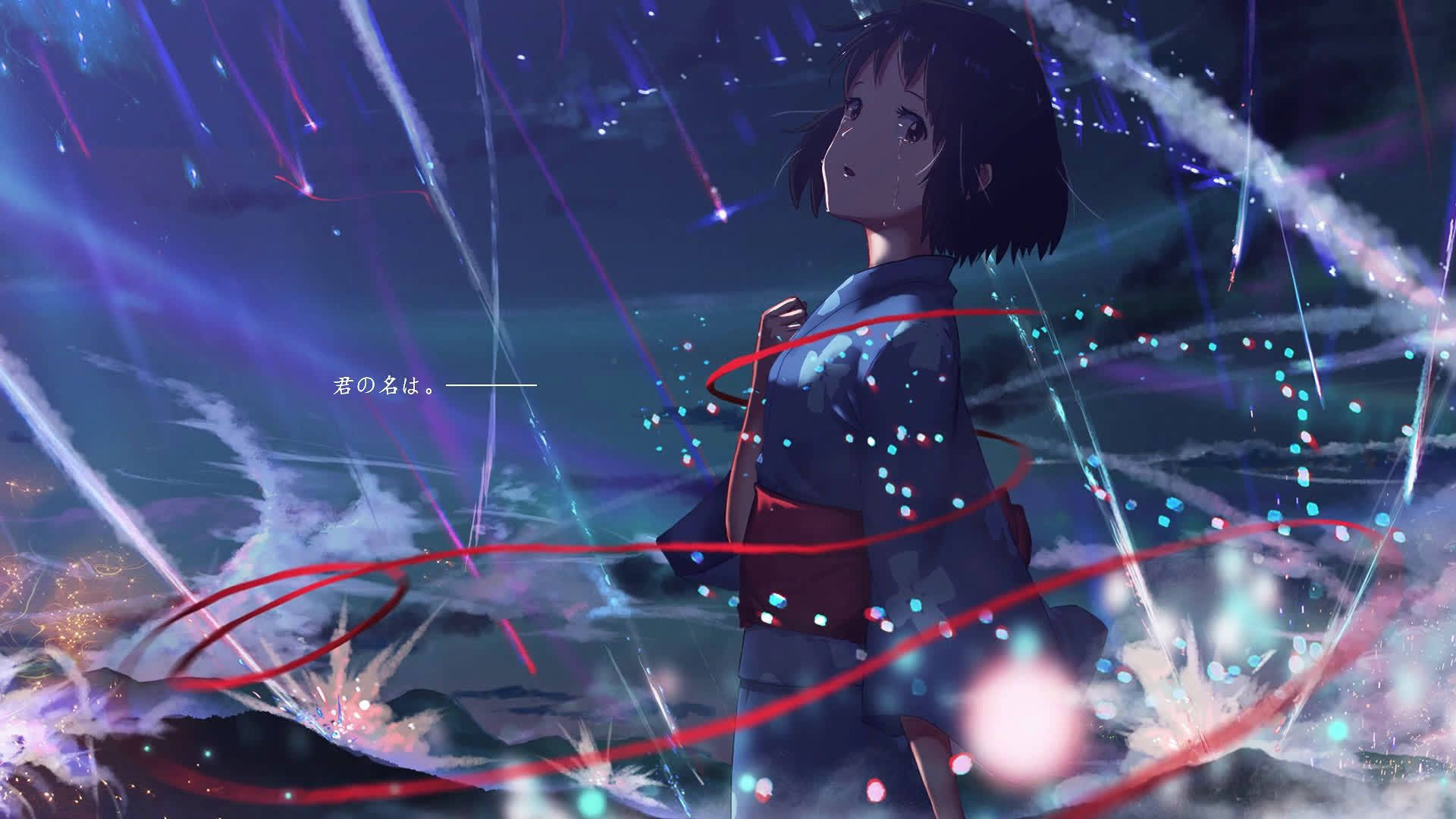 穿著藍色和服的動漫女孩，夜晚被發光的宇宙軌跡和閃爍的光芒包圍。 — 動漫動態圖 壁紙