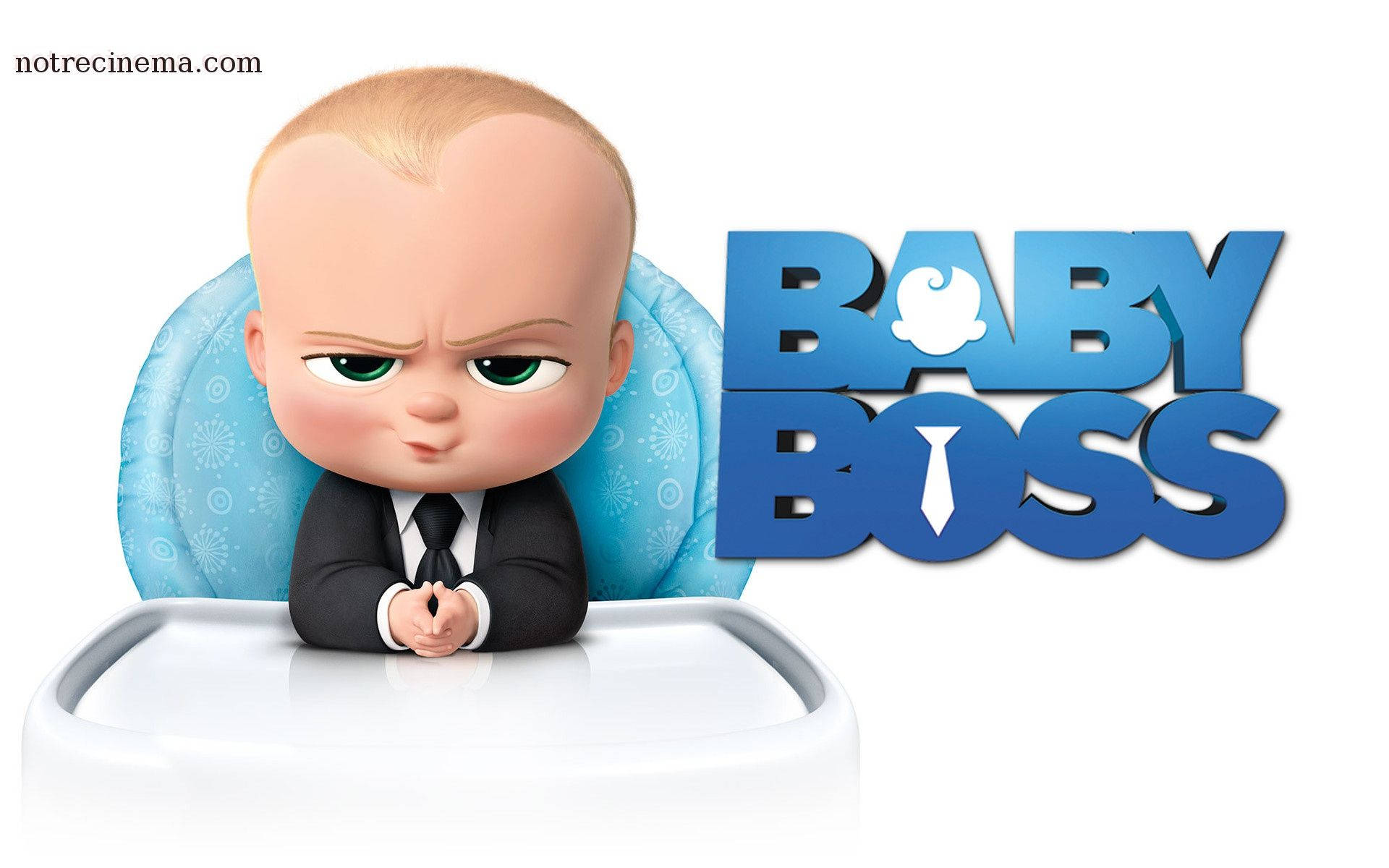 穿著西裝的卡通嬰兒坐在高腳椅上，帶有'Baby Boss'標誌。