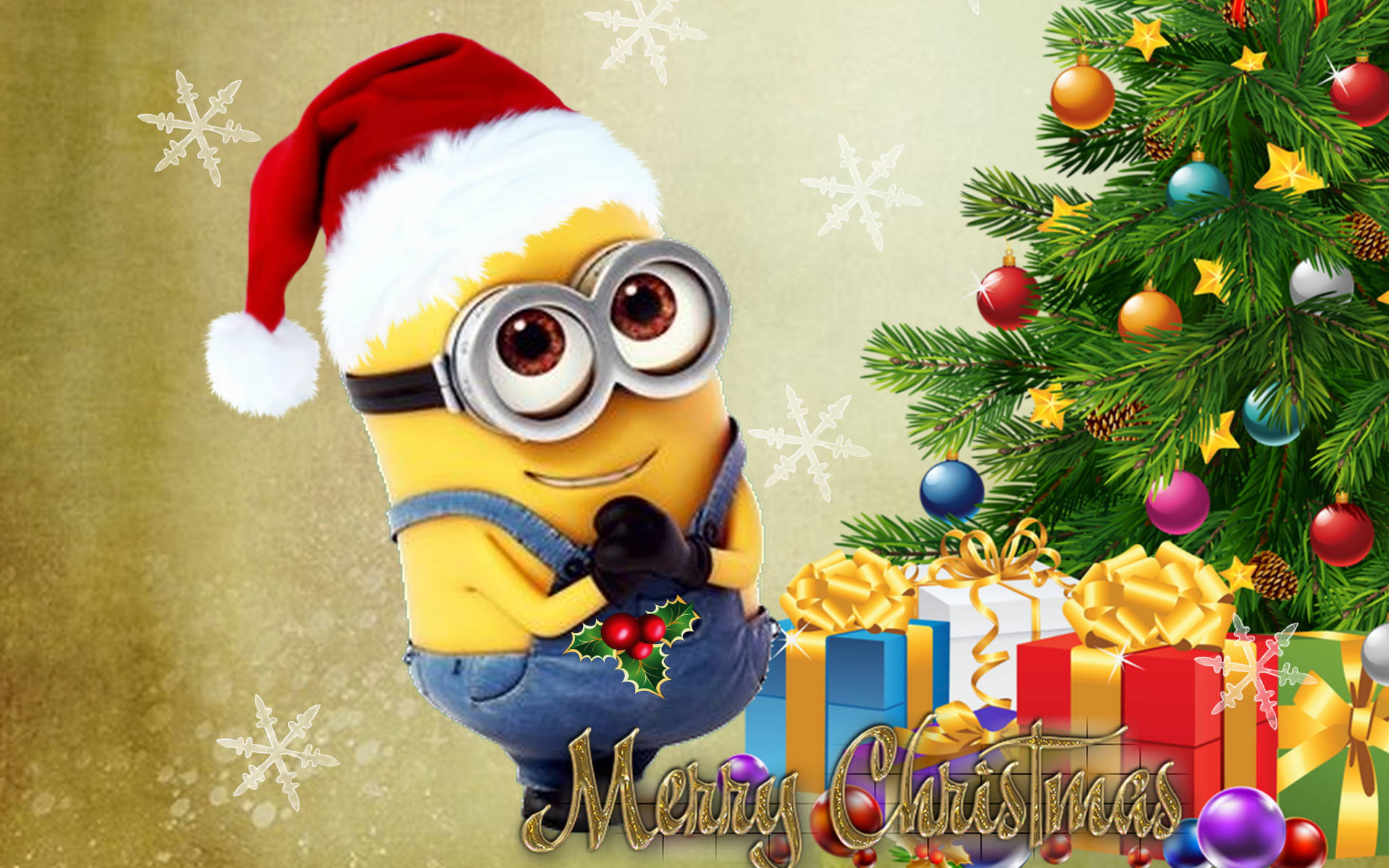 戴聖誕帽的Minion在聖誕樹和禮物附近拿著冬青。