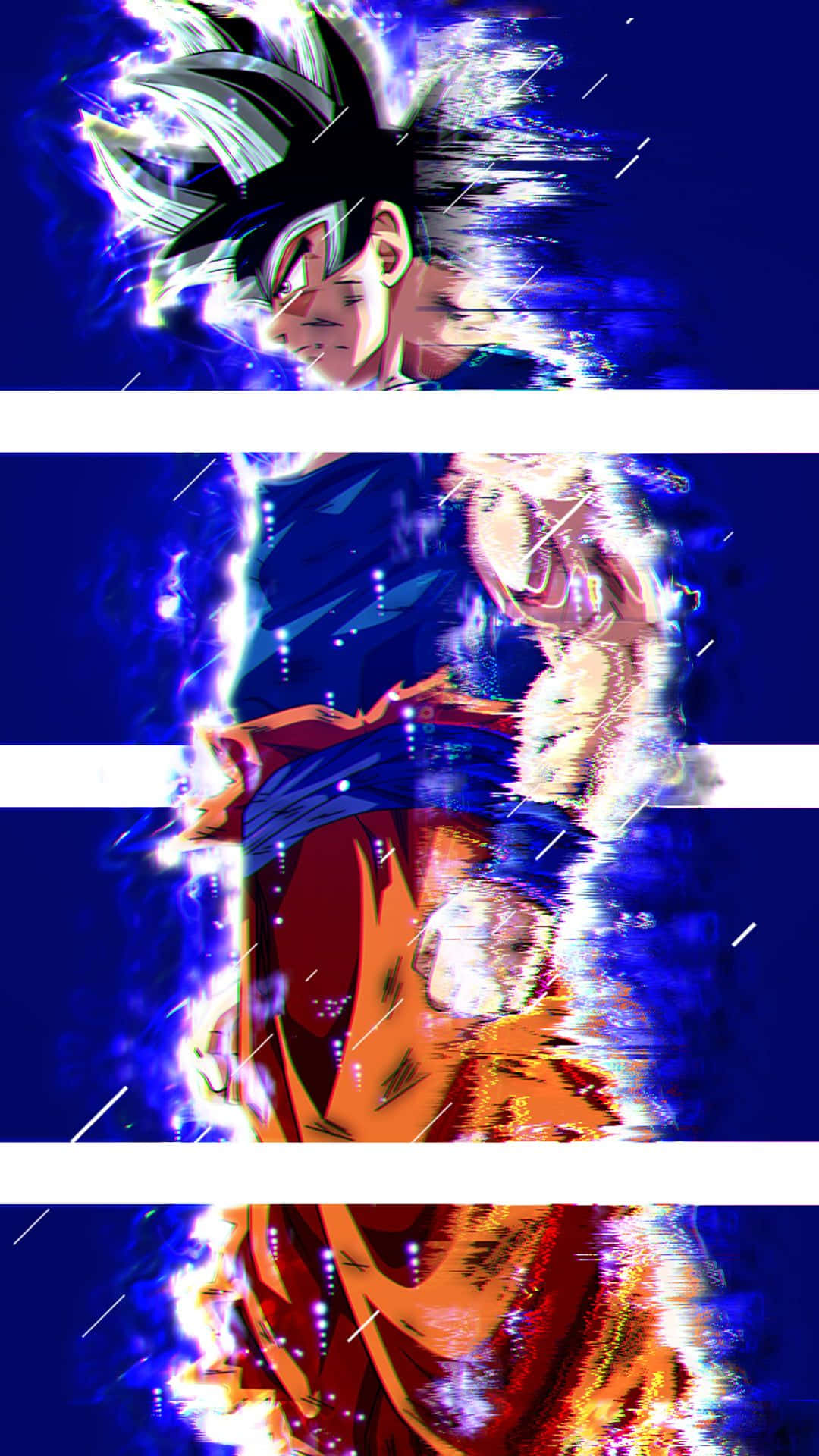 Dragon Ball iPhone 桌布 壁紙 — 動畫角色悟空以超級撒亞人形態，在深藍色背景上散發出藍色和白色的能量，並帶有動態線條。