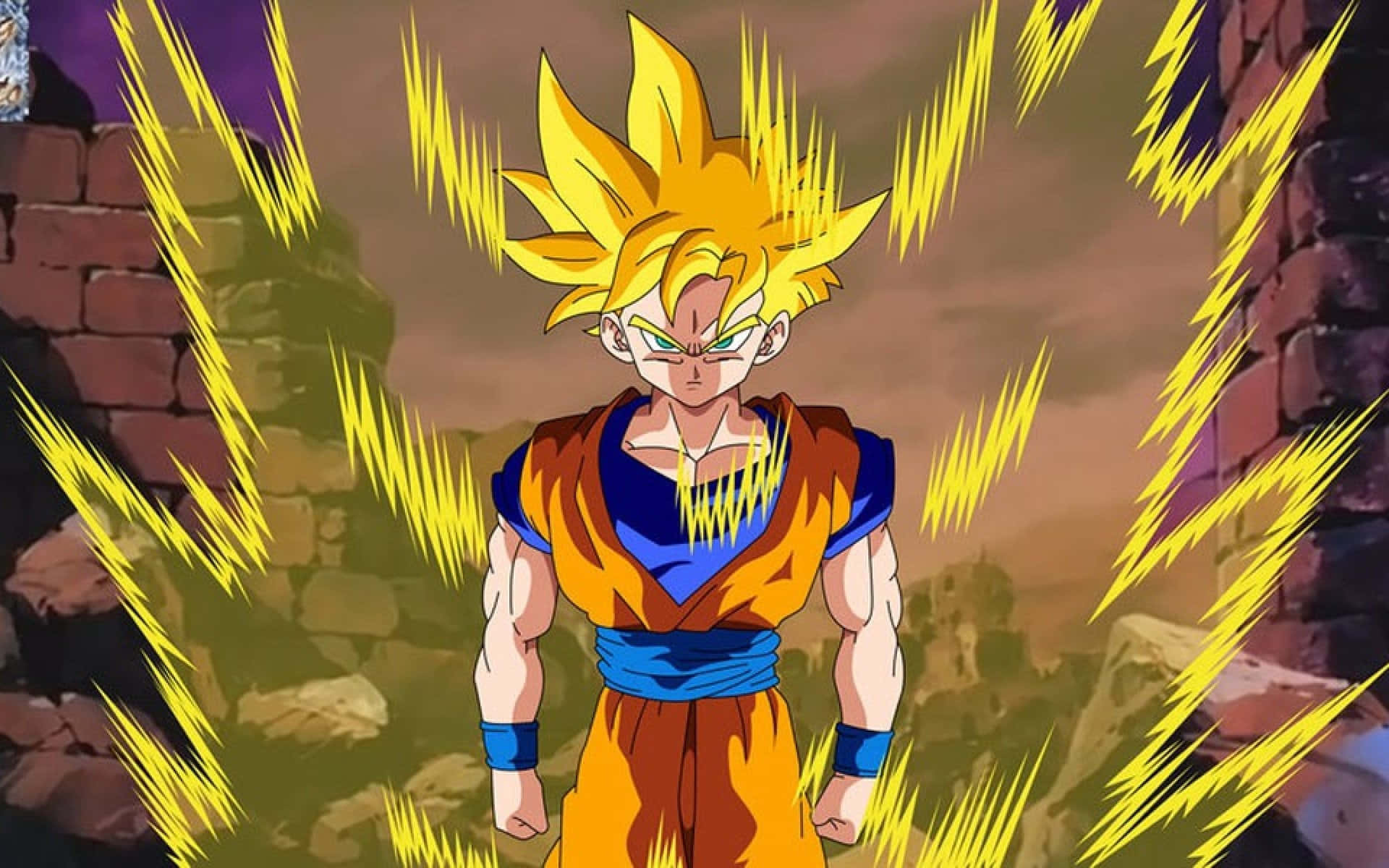 Mystic Gohan 桌布 壁紙 — 動畫角色悟空以超級賽亞人形態，在 crumbling 石頭廢墟背景下散發出黃色能量閃電。