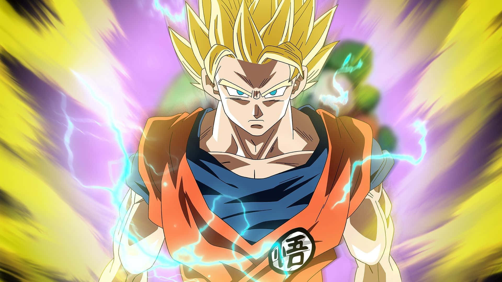 Dragon Ball Z Characters 桌布 壁紙 — 動畫角色悟空以超級賽亞人形態散發出藍色閃電，背景是充滿活力的黃色和紫色能量爆發。