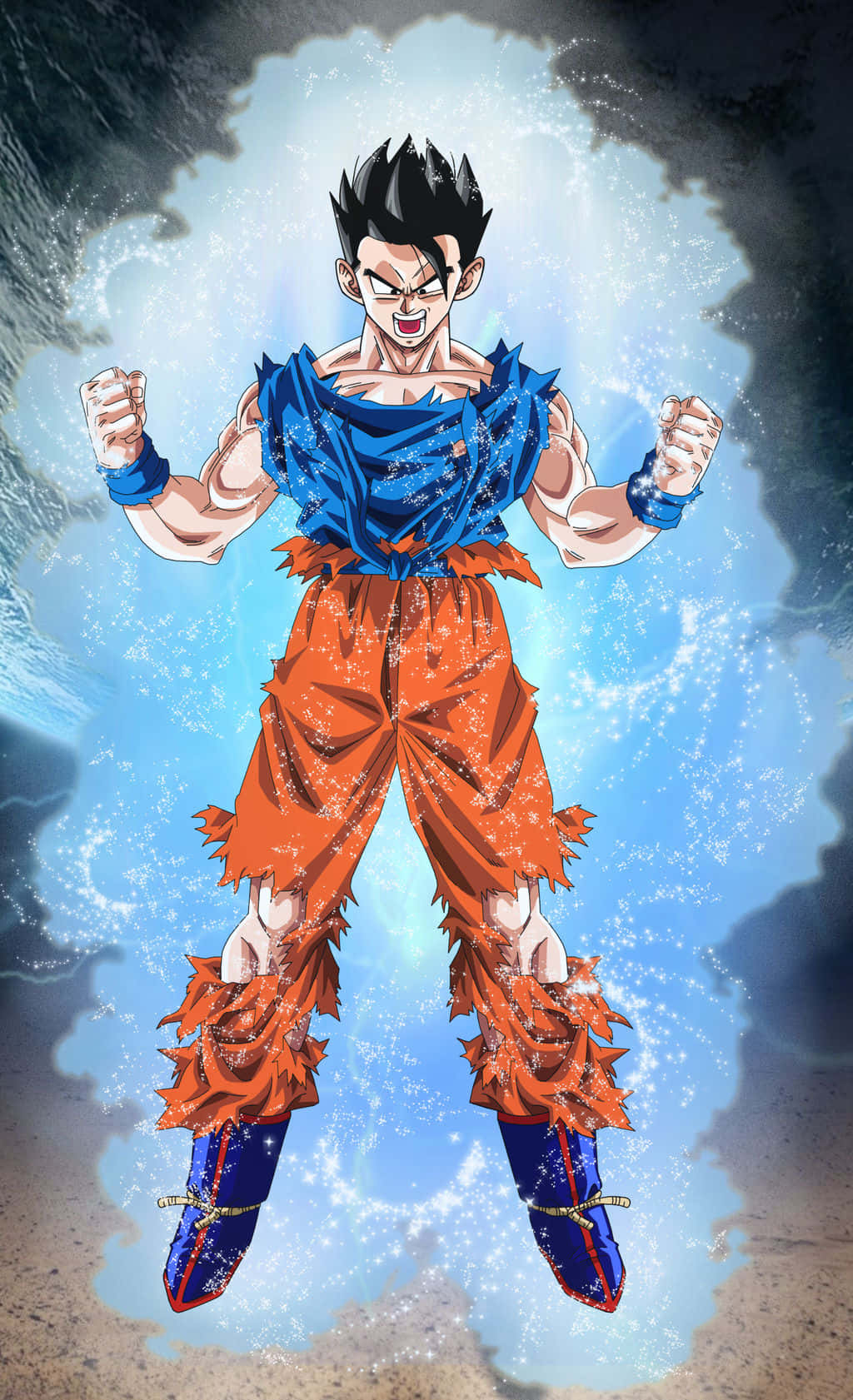 Mystic Gohan 桌布 壁紙 — 動畫角色悟空以超級賽亞人藍色形態，在暴風雨的天空背景下，緊握拳頭散發出藍色能量。