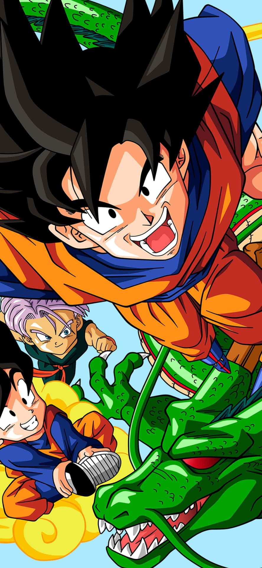 Dragon Ball iPhone 桌布 壁紙 — 動畫角色悟空和杜拉格斯以兇猛的表情和動態姿勢與一條綠龍戰鬥。
