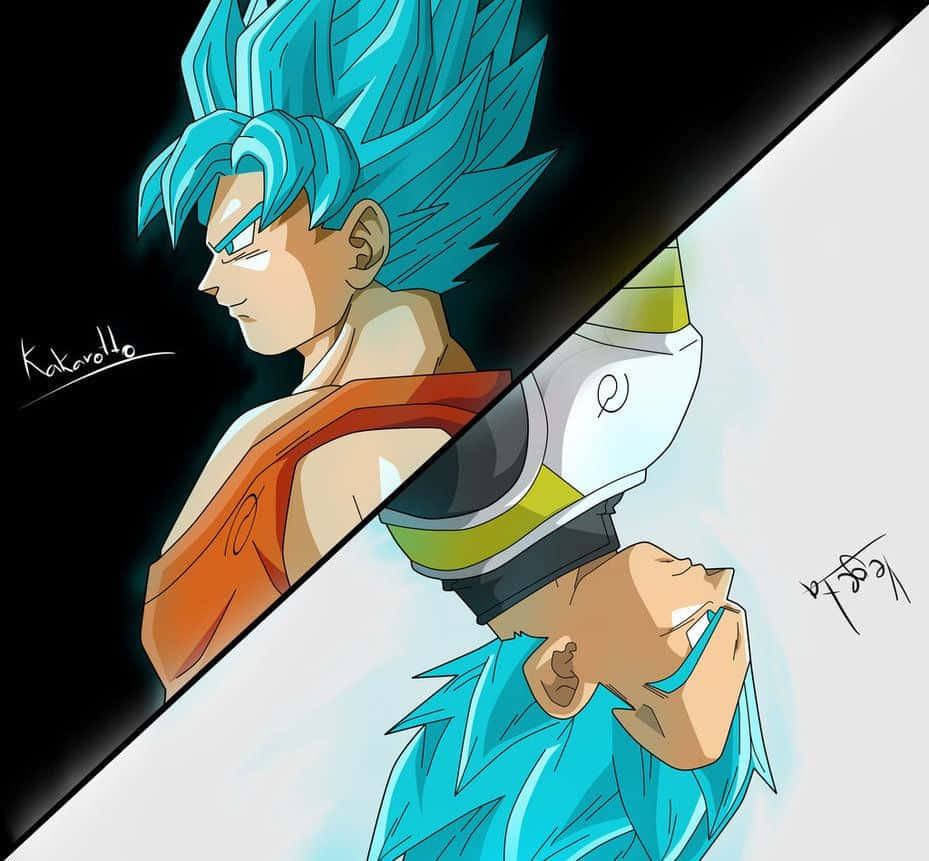Vegeta And Goku 桌布 壁紙 — 動畫角色悟空和比達以超級撒亞人藍色形態在戲劇性的分屏戰鬥場景中對峙。