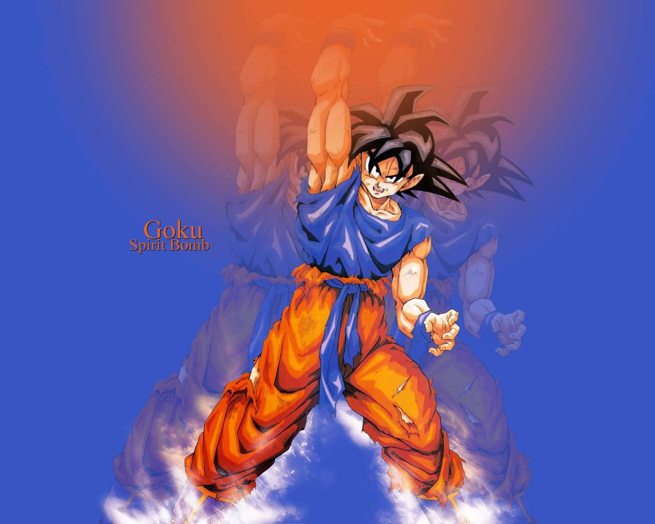 Goku's Spirit Bomb Sword 桌布 壁紙 — 動畫角色悟空在充滿活力的藍色和橙色漸變背景前將能量匯聚成元氣彈。