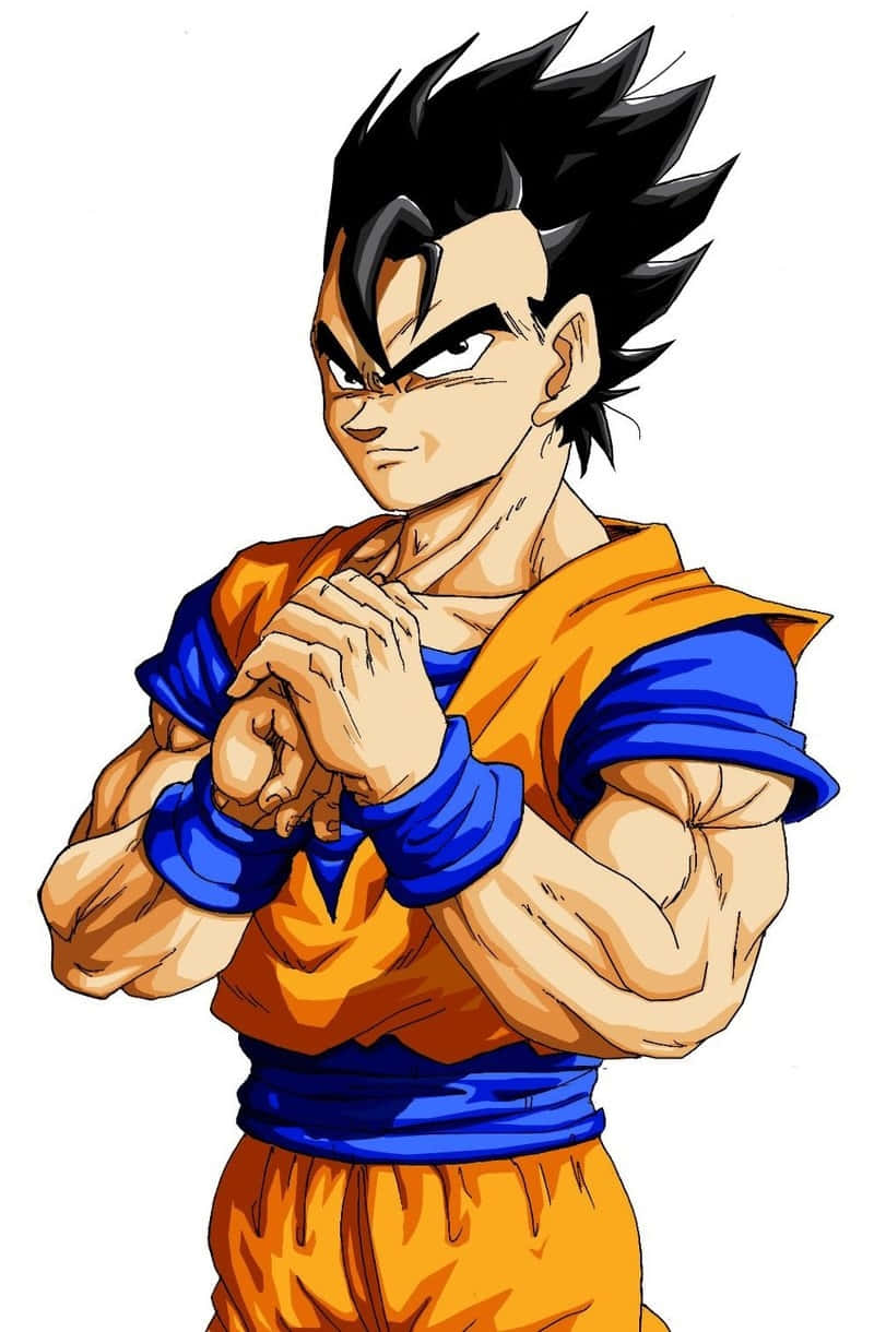 Mystic Gohan 桌布 壁紙 — 動畫角色悟空身穿橙色和藍色道服，黑色刺蝟頭，在白色背景下自信地站立，握緊拳頭。