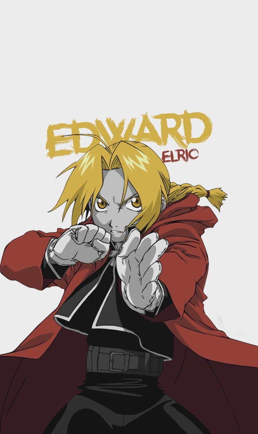 edward elric 桌布 壁紙 — 動畫角色愛德華·艾力克穿著紅色外套，在純色背景前擺出堅定的姿勢，上方有名字文字。