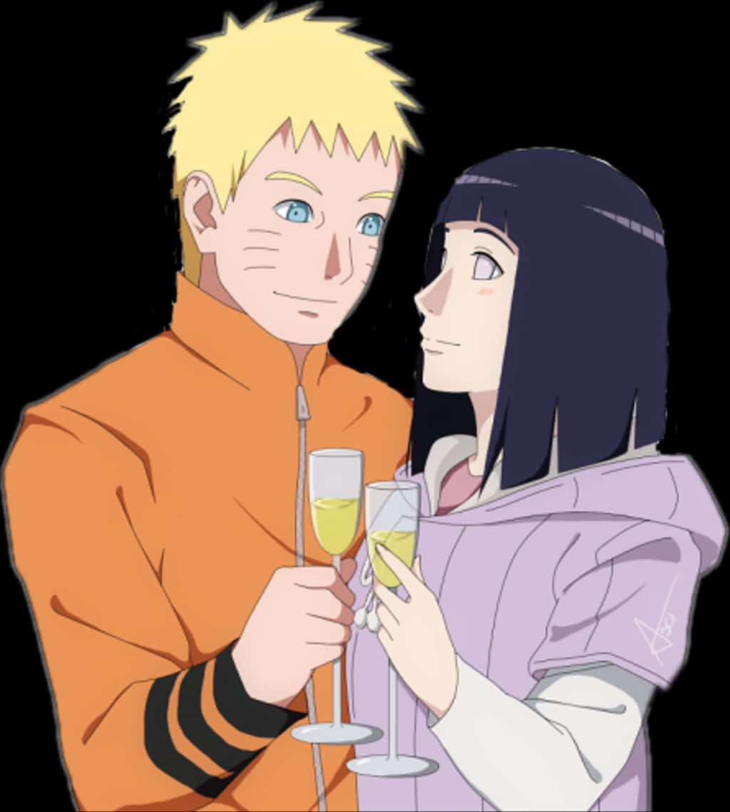 動畫角色慶祝碰杯 壁紙 — 鳴人與雛田在黑色背景下共享溫馨時刻，碰杯香檳。