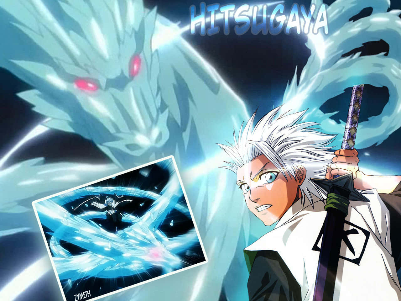 Toshiro Hitsugaya 桌布 壁紙 — 動畫角色日番谷在深藍色背景前，與他的冰龍靈體一同揮劍。