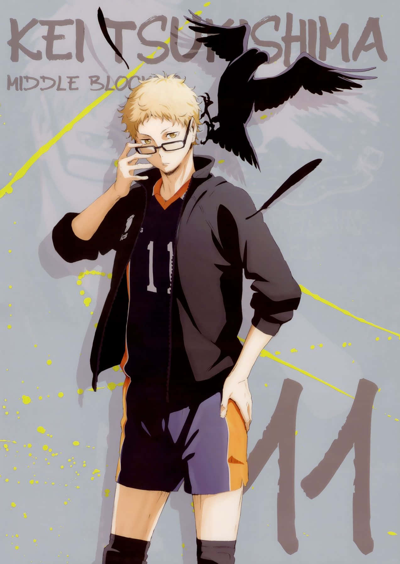 Haikyuu Fan Art 桌布 壁紙 — 動畫角色月島螢身穿排球制服，肩上棲著一隻黑色烏鴉，背景為灰色並帶有黃色潑濺。