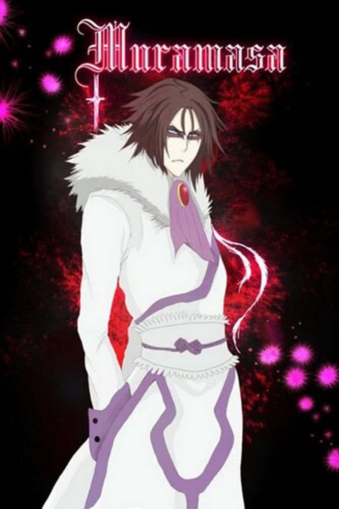 Bleach Muramasa 桌布 壁紙 — 動畫角色村正身穿白色和紫色服裝，站在深紅色背景前，周圍有發光的粉紅色粒子。