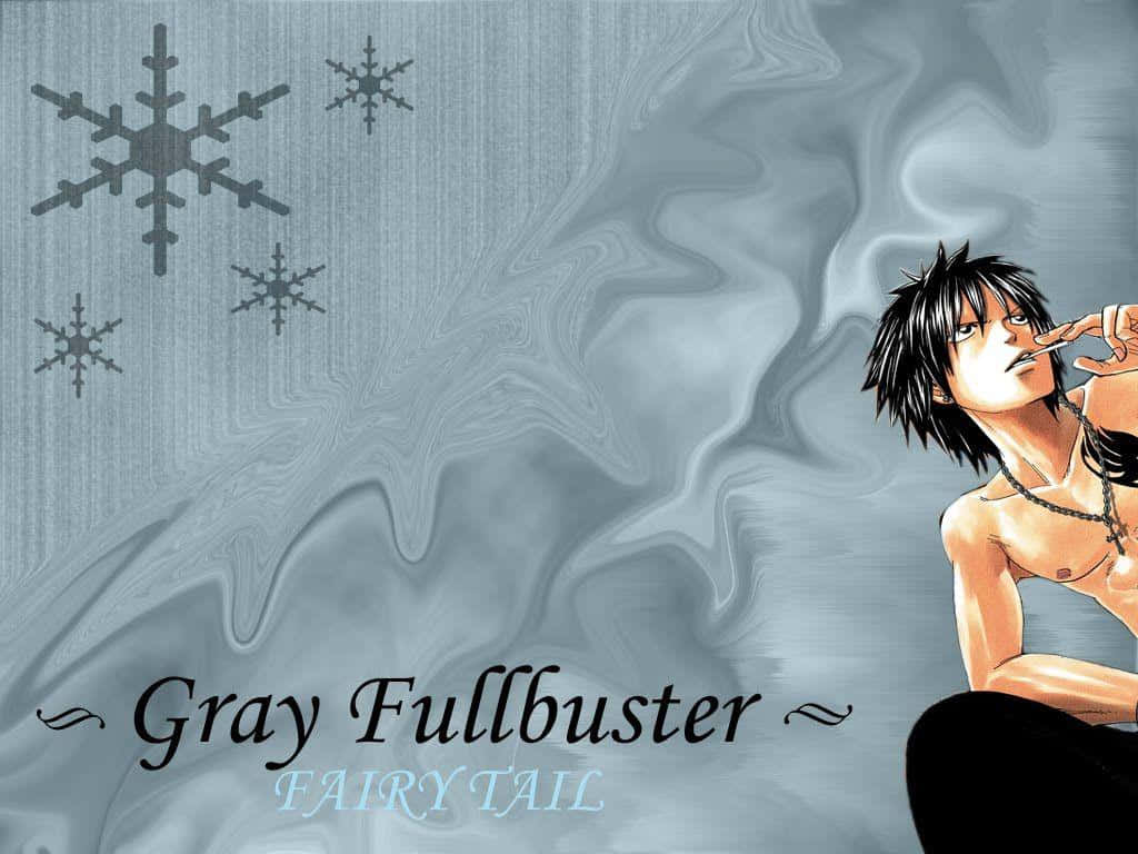 Gray Fullbuster 桌布 壁紙 — 動畫角色格雷·佛爾帕斯塔坐在旋轉的冰藍色背景前，飄浮著雪花。