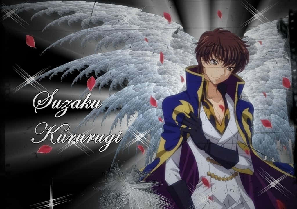 Suzaku Kururugi 桌布 壁紙 — 動畫角色樞木朱雀，擁有巨大的白色天使翅膀，紅色花瓣在黑暗閃爍的背景中飄浮。