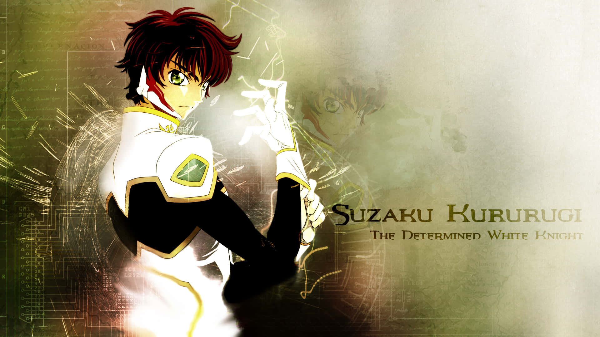 Suzaku Kururugi 桌布 壁紙 — 動畫角色樞木朱雀身穿白色騎士鎧甲，在電路主題背景下以堅定的表情引導發光能量。