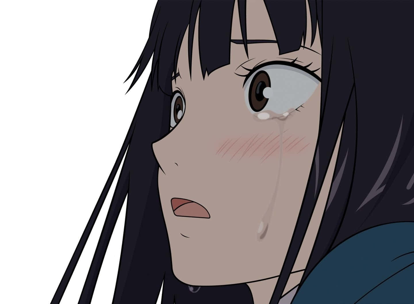 動畫角色櫻木雫表現抑鬱 壁紙 — 特寫動漫女孩，深色頭髮，在純白背景上從眼睛流下一滴眼淚。