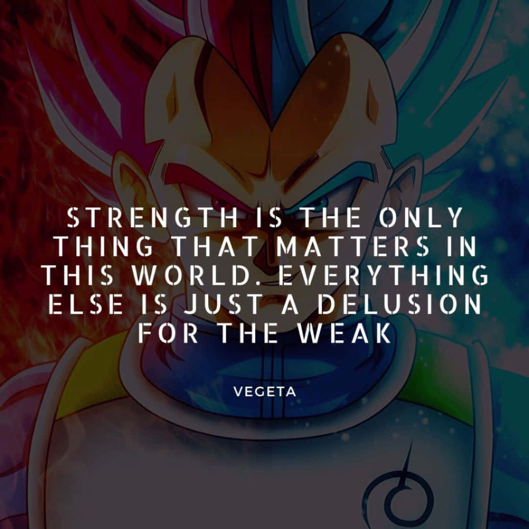 Vegeta Quotes 桌布 壁紙 — 動畫角色比達，擁有火焰般的頭髮和強烈的表情，上面覆蓋著粗體白色勵志名言。