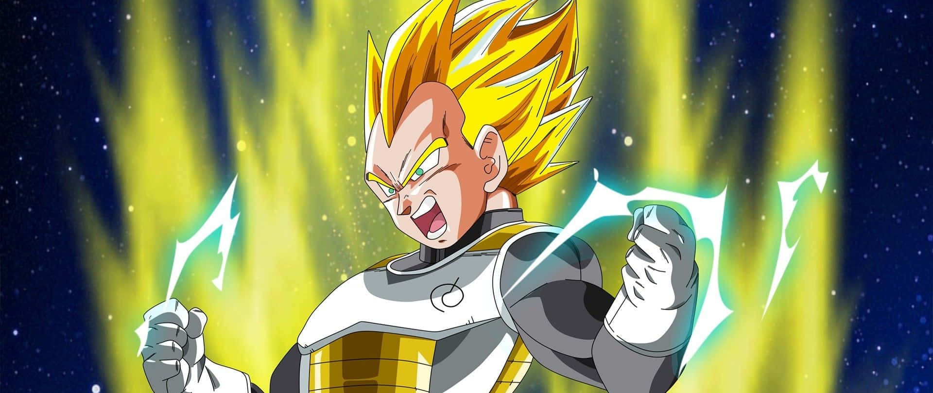 Vegeta Super Saiyan 2 桌布 壁紙 — 動畫角色比達以超級撒亞人形態，在星光宇宙背景下咆哮，拳頭發光。