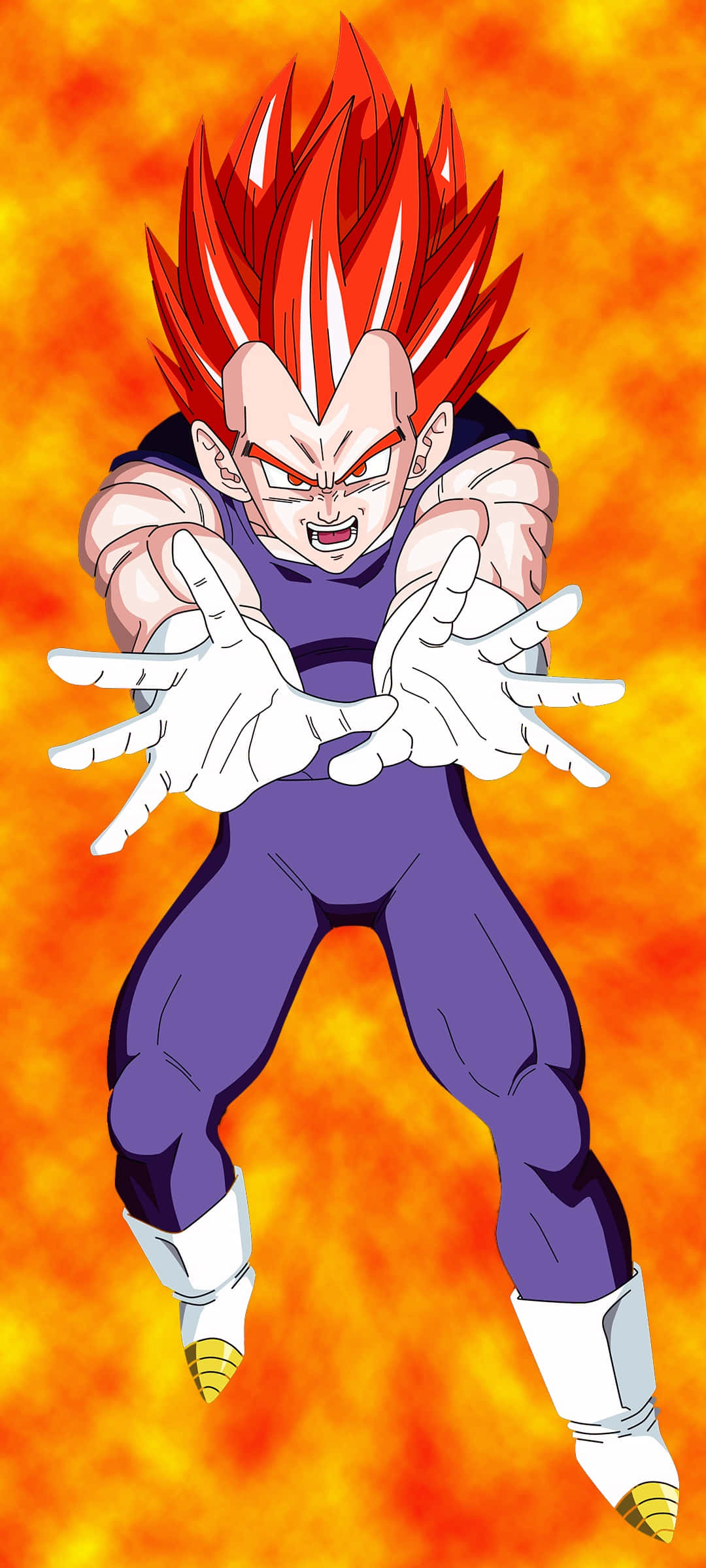 Vegeta Super Saiyan God 桌布 壁紙 — 動畫角色比達以超級撒亞人形態，紅髮紫衣，強勢地站在火熱的橙色背景前。