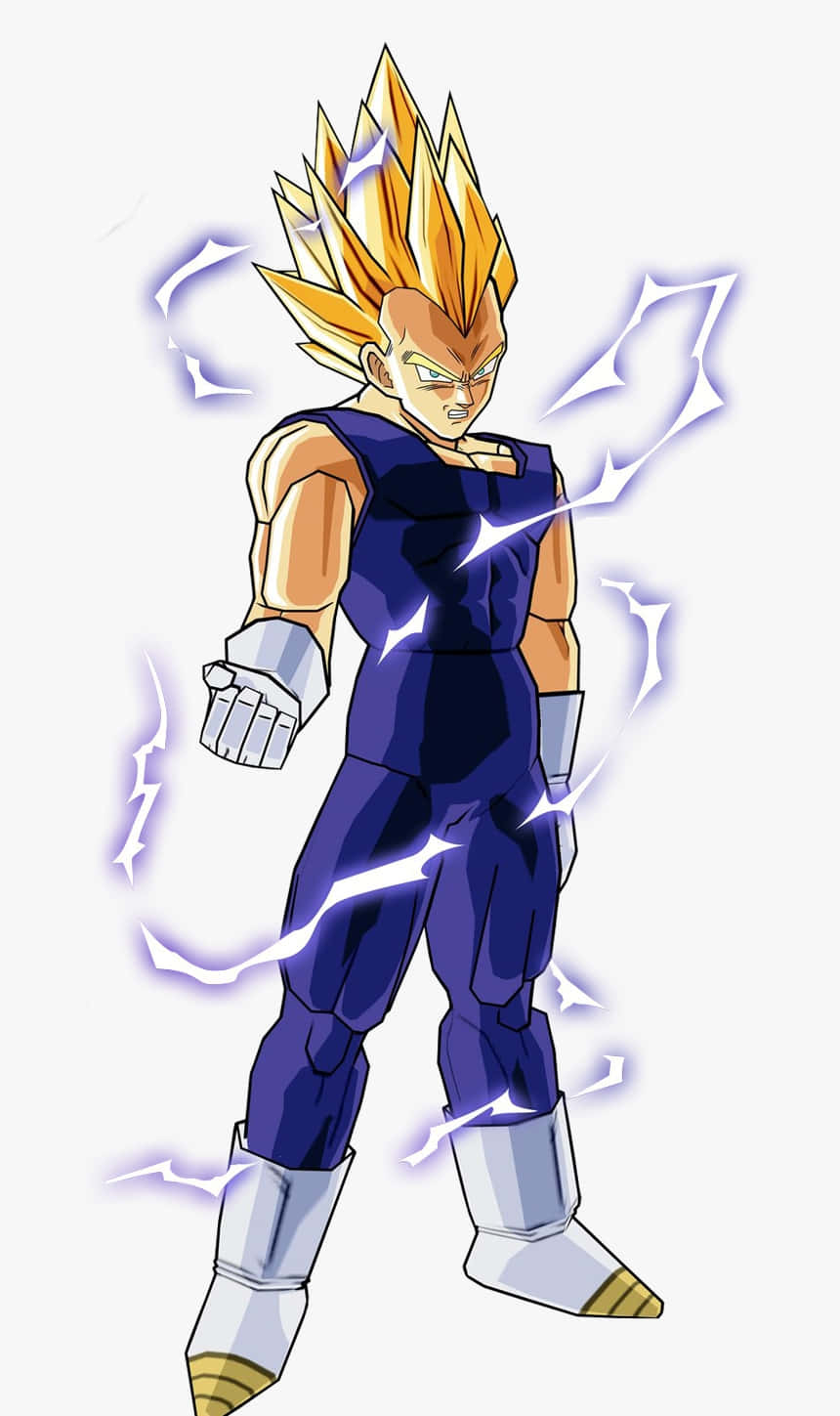 Vegeta Super Saiyan 2 桌布 壁紙 — 動畫角色比達以超級撒亞人形態，被噼啪作響的閃電包圍，在純色背景前強勢站立。