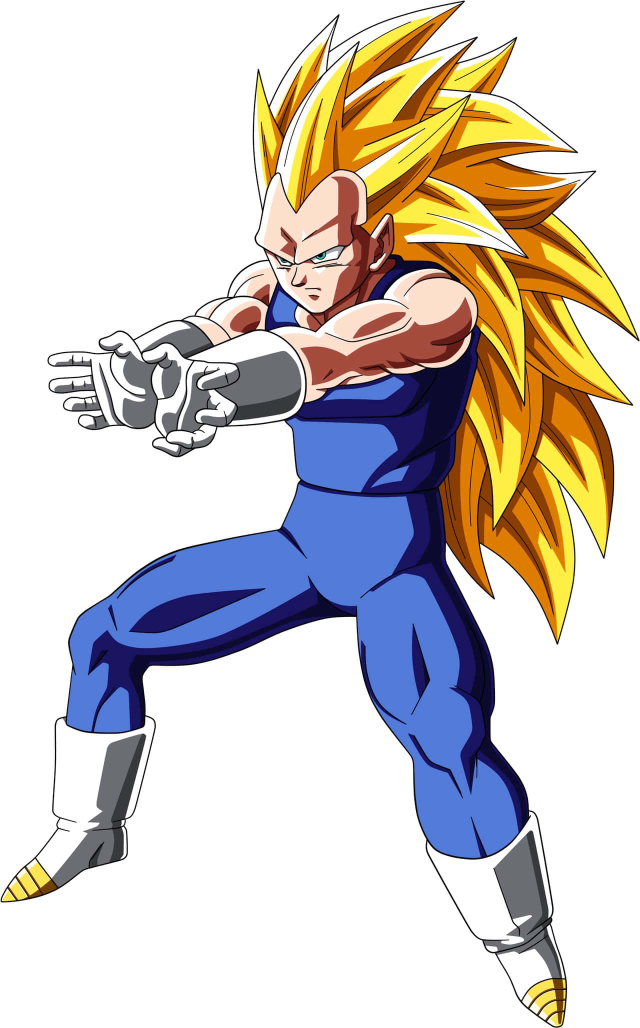 Vegeta Super Saiyan 3 桌布 壁紙 — 動畫角色比達以超級撒亞人形態擺出強力戰鬥姿勢，擁有金色尖刺頭髮和藍色盔甲。