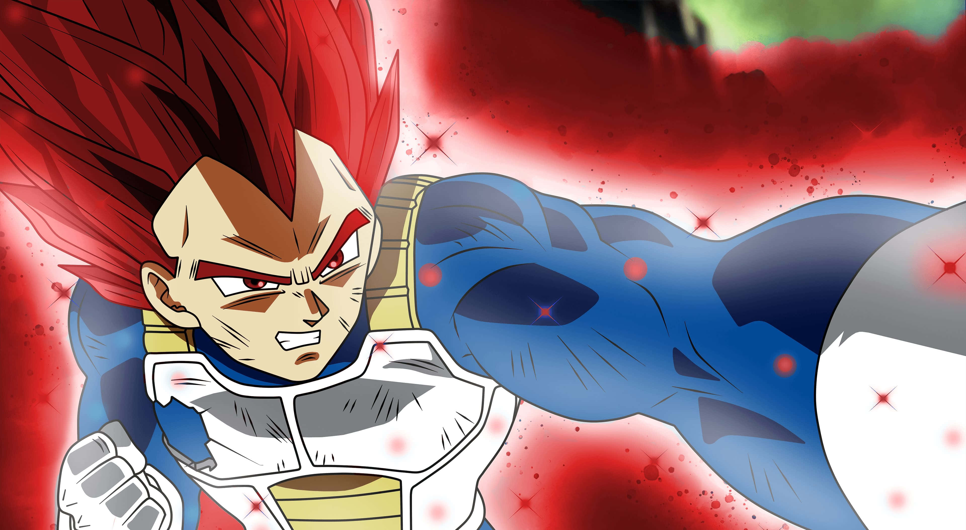 Vegeta Art 桌布 壁紙 — 動畫角色比達以超級賽亞人桃紅形態向前衝刺，散發紅色氣場，表情激烈。