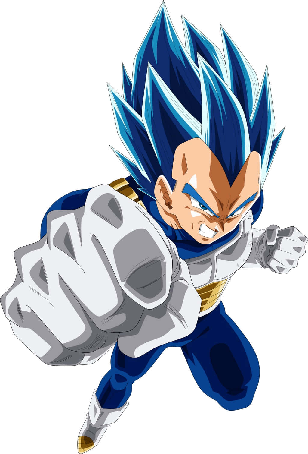 Vegeta Super Saiyan Blue 桌布 壁紙 — 動畫角色比達以超級賽亞人藍形態，在白色背景前以強烈表情向前揮拳。