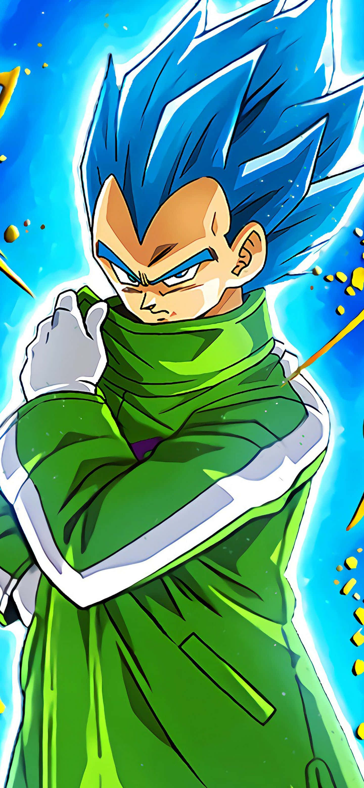 Vegeta Super Saiyan Blue 桌布 壁紙 — 動畫角色比達以超級賽亞人藍形態出現，擁有尖刺藍色頭髮和綠色道服，在明亮的藍色背景下散發能量。