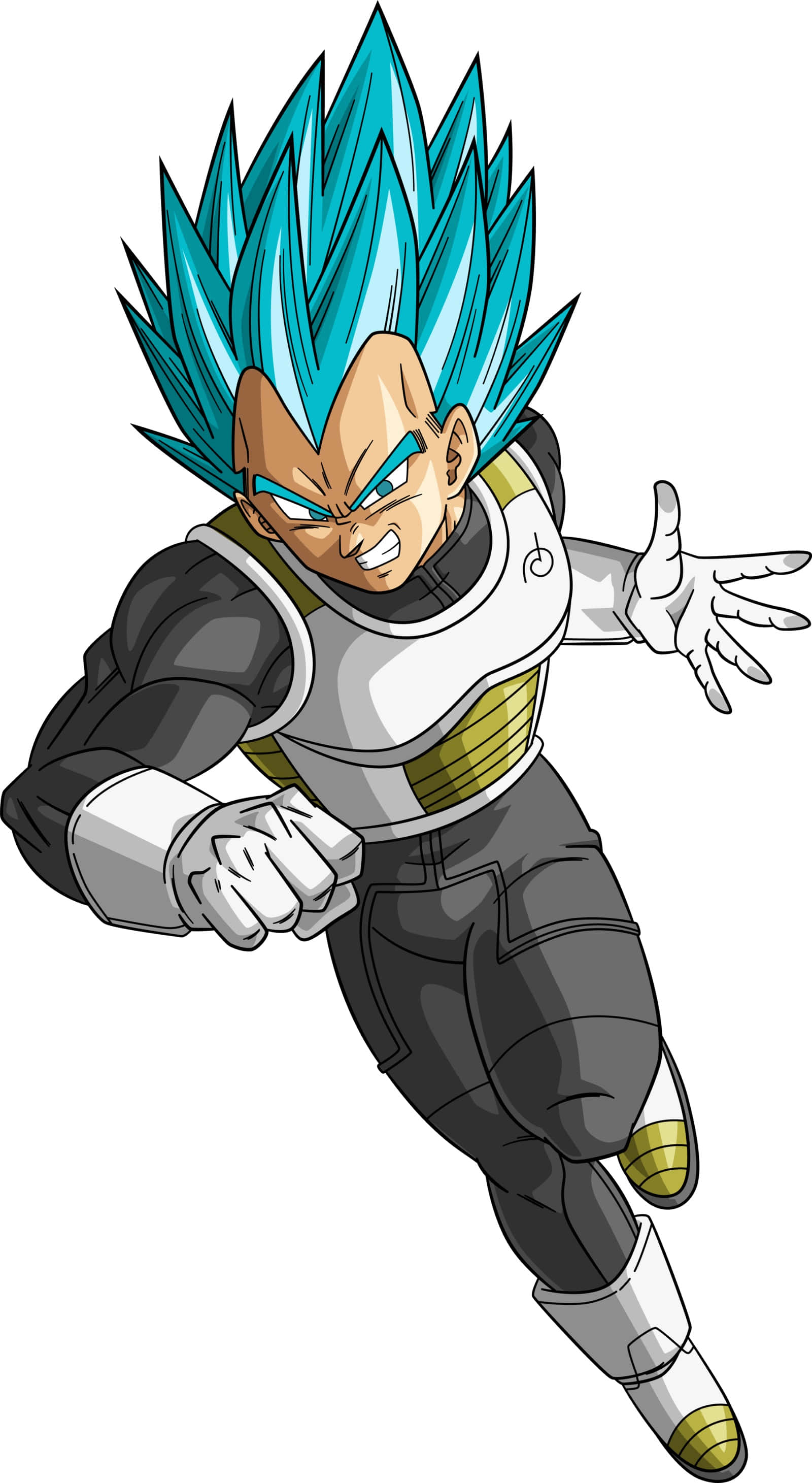 Vegeta Super Saiyan Blue 桌布 壁紙 — 動畫角色比達以超級賽亞人藍形態向前衝刺，帶有尖刺的青色頭髮和堅定的表情。