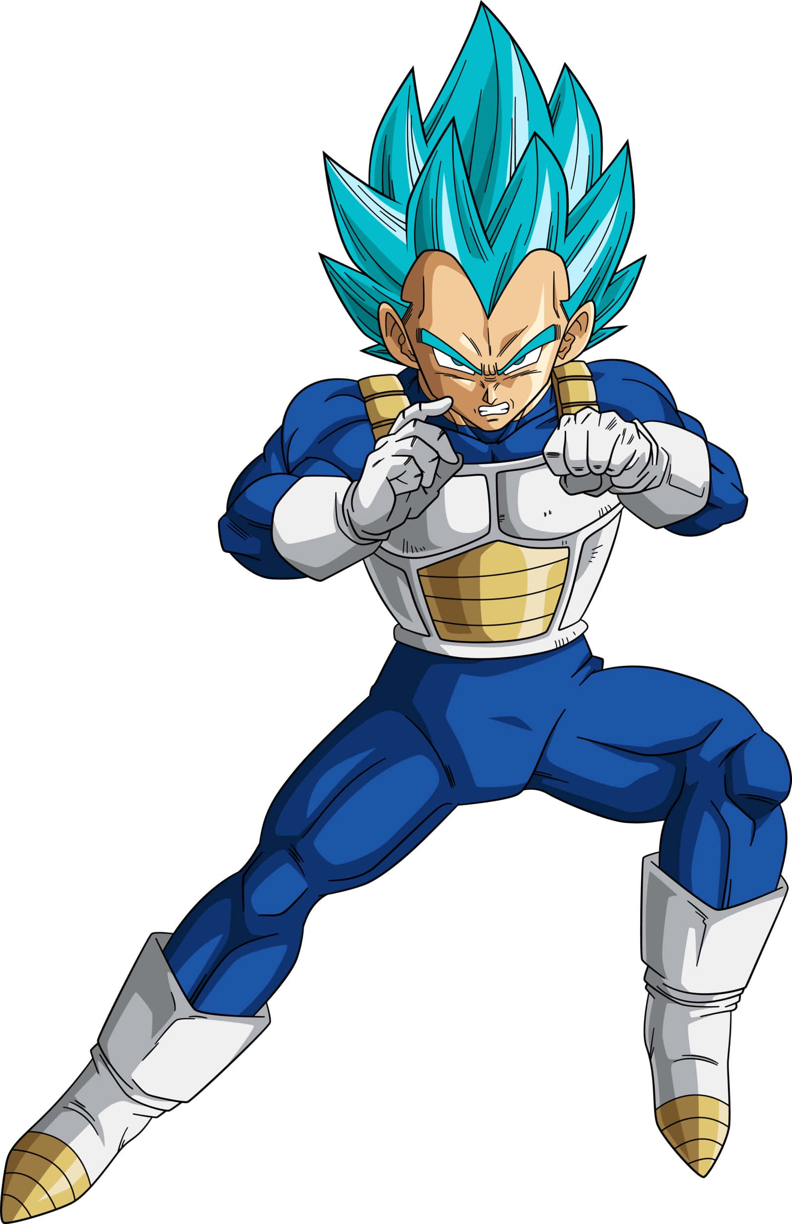 Vegeta Super Saiyan Blue 桌布 壁紙 — 動畫角色比達以超級賽亞人藍形態擺出強力戰鬥姿勢，擁有發光的藍色頭髮和強烈的表情。