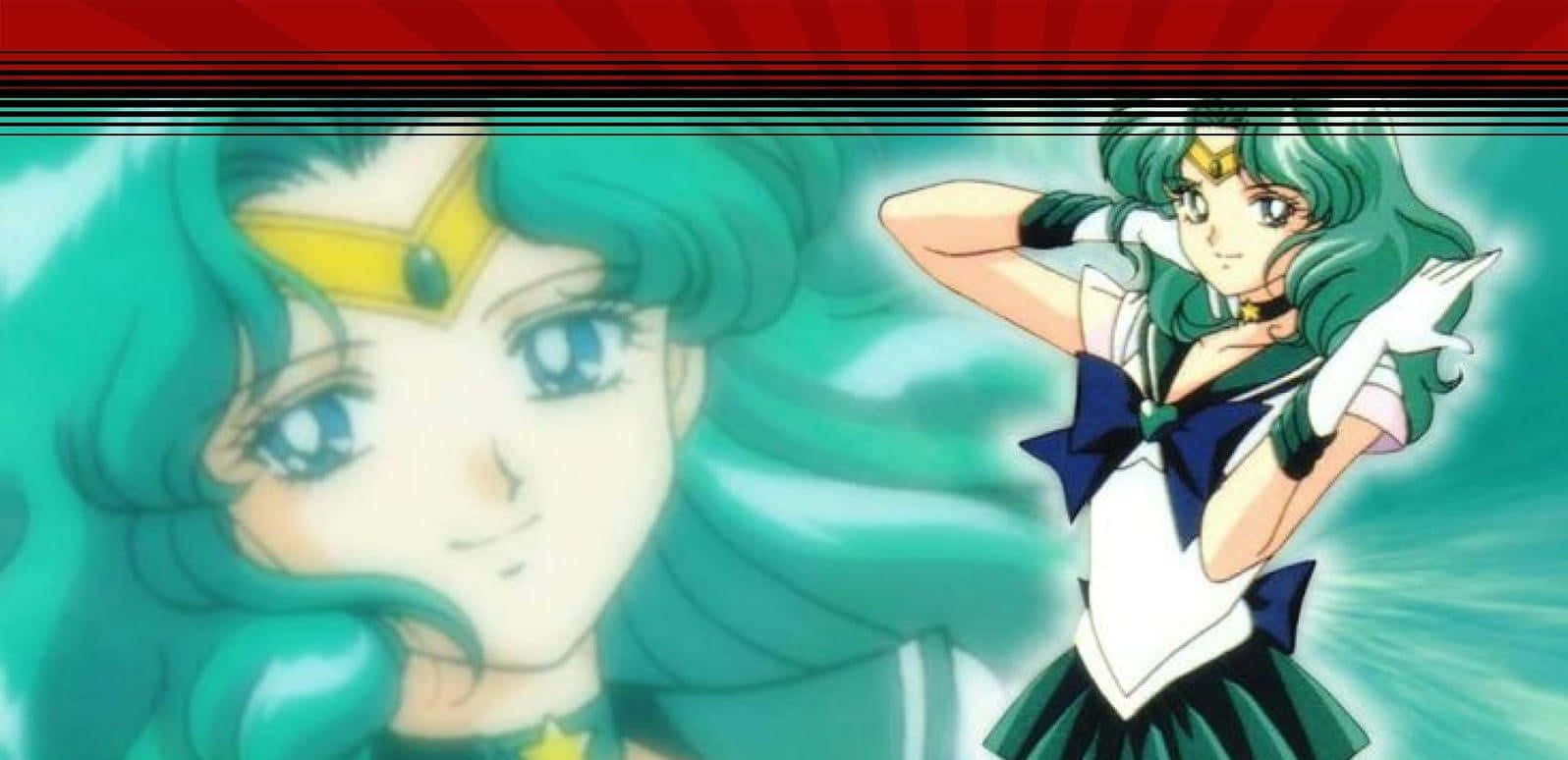 sailor neptune 桌布 壁紙 — 動畫角色水手水星在發光的綠色背景前，自信地擺出姿勢，身穿青綠色和白色的水手服。
