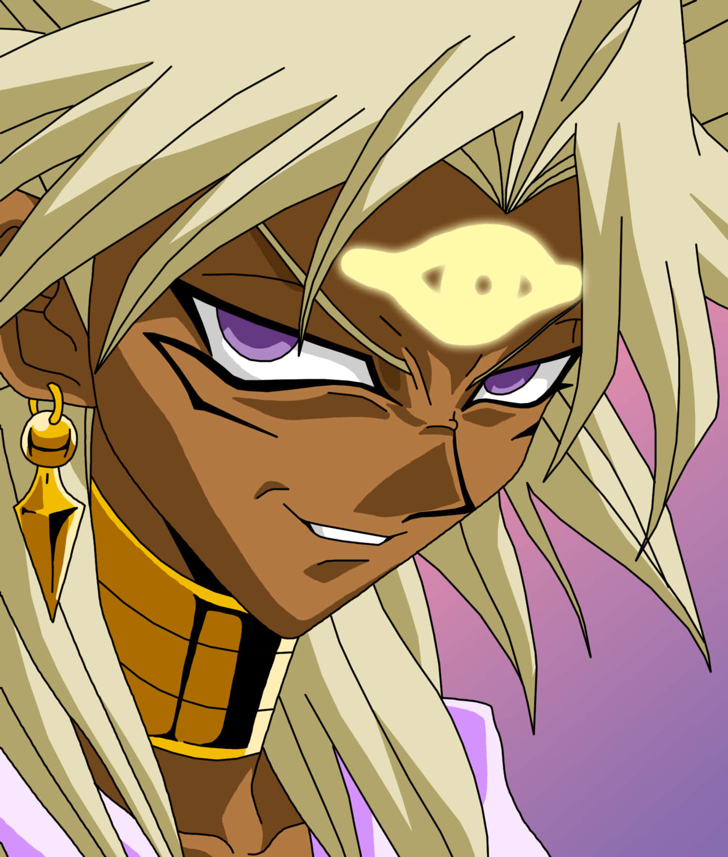 Marik Ishtar 桌布 壁紙 — 動畫角色特寫，金髮紫眼，戴著金色耳環，露出兇猛的笑容。