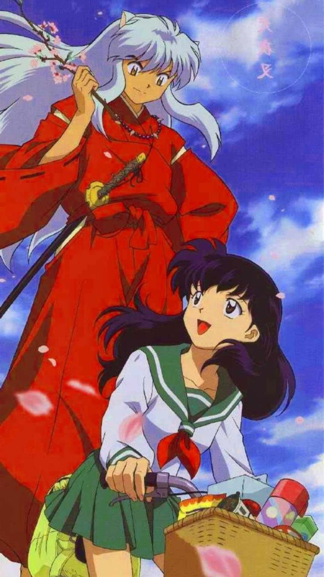 Kagome Higurashi 桌布 壁紙 — 動畫角色犬夜叉和阿籬在櫻花飄落的天空下騎自行車。