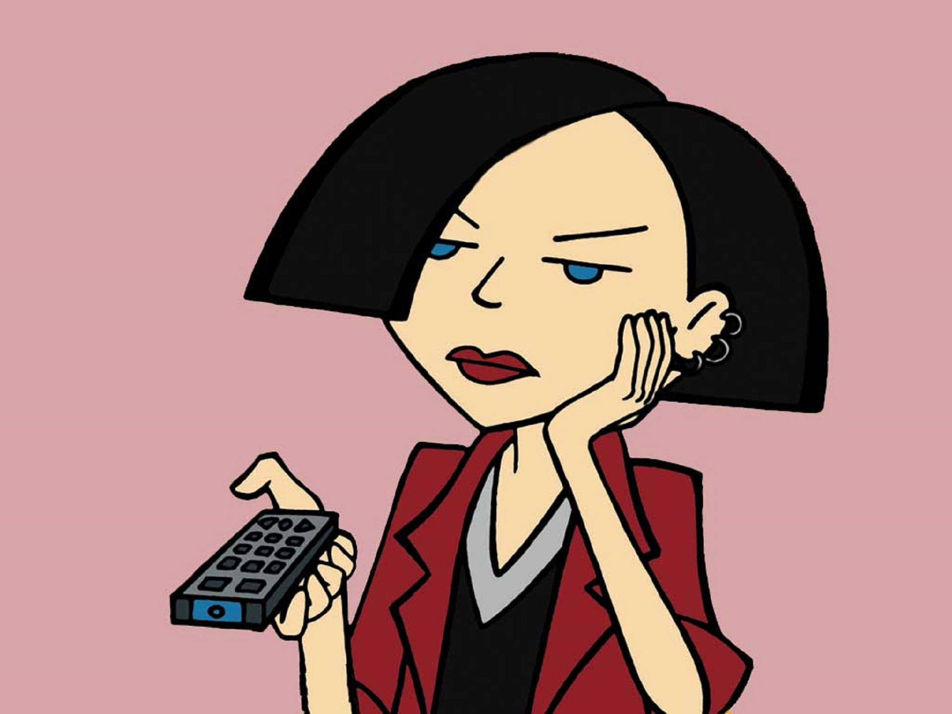 動畫角色珍·萊恩（達莉亞） 壁紙 — 一位短黑髮紅唇的插畫女性，在粉紅色背景前托腮拿著遙控器。