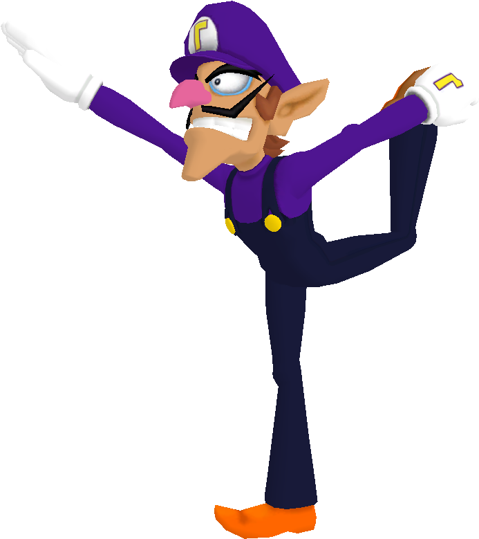 動畫角色瑜伽姿勢 壁紙 — Waluigi 以雙臂伸展的動態姿勢，襯托著純黑色背景。
