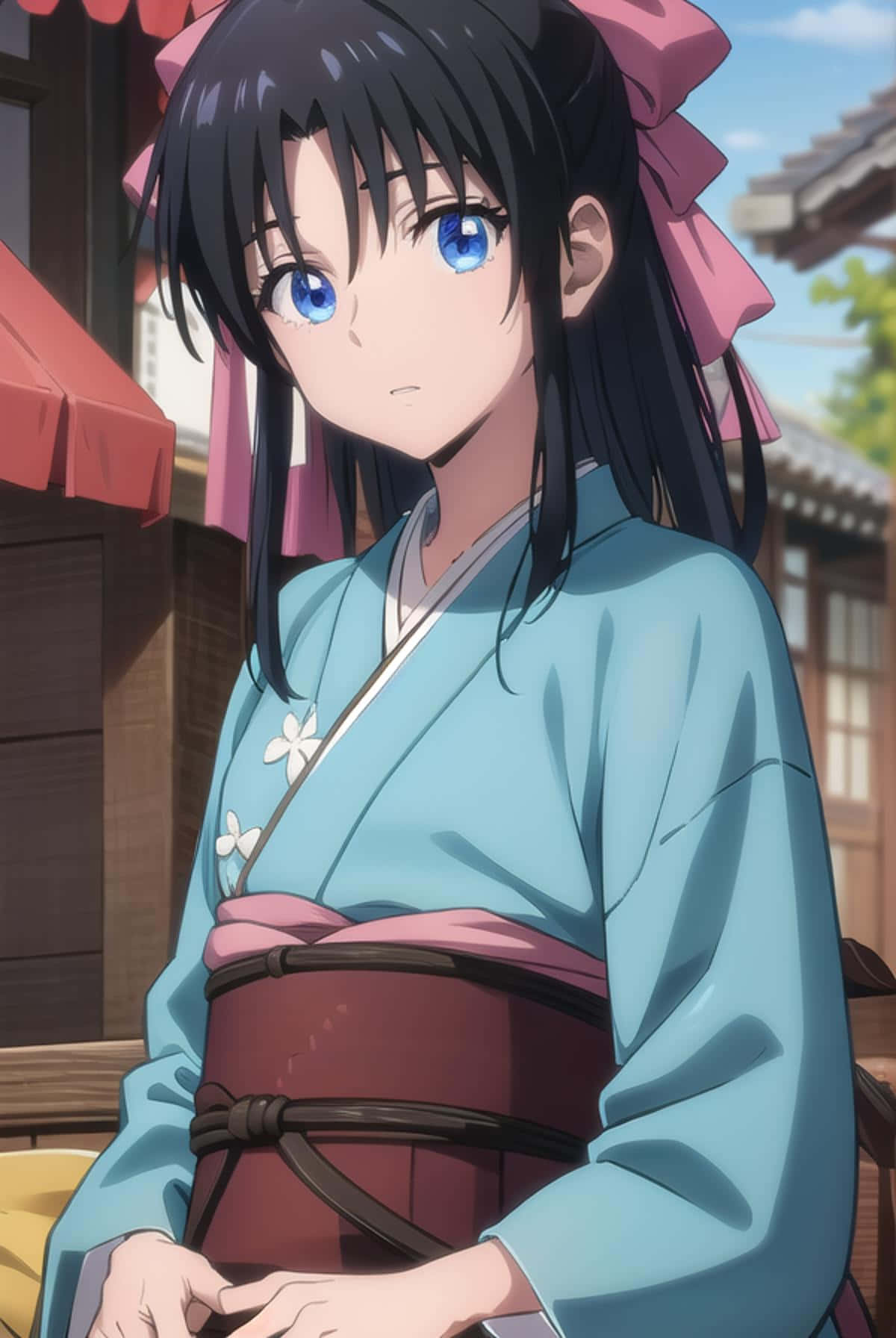 動畫角色神谷薰傳統服裝 壁紙 — 一位年輕的動漫女孩，藍眼睛，黑頭髮，戴著粉紅色蝴蝶結，穿著淺藍色和服，帶有白色花朵裝飾和棕色腰帶，站在晴朗天空下的傳統日本街道上。