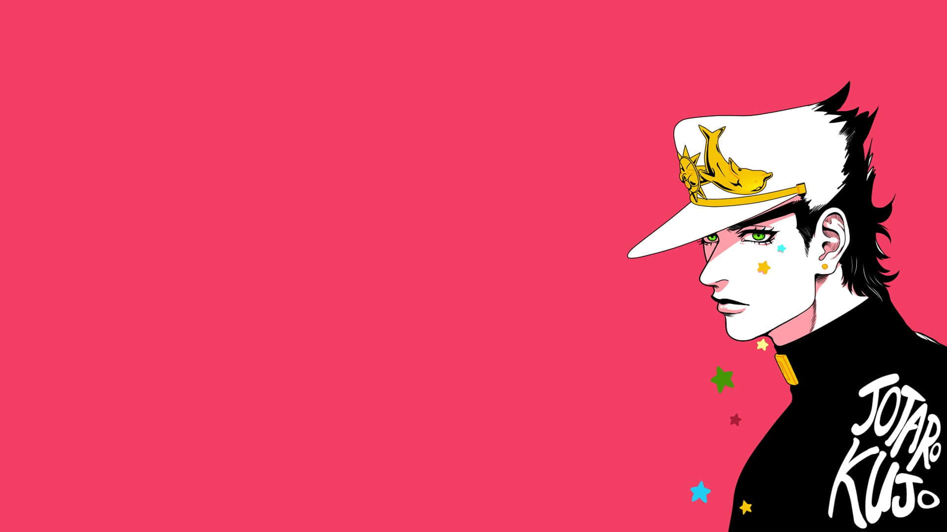 Jotaro Kujo 桌布 壁紙 — 動畫角色空條承太郎的側面，背景為純粉紅色並帶有彩色星星。