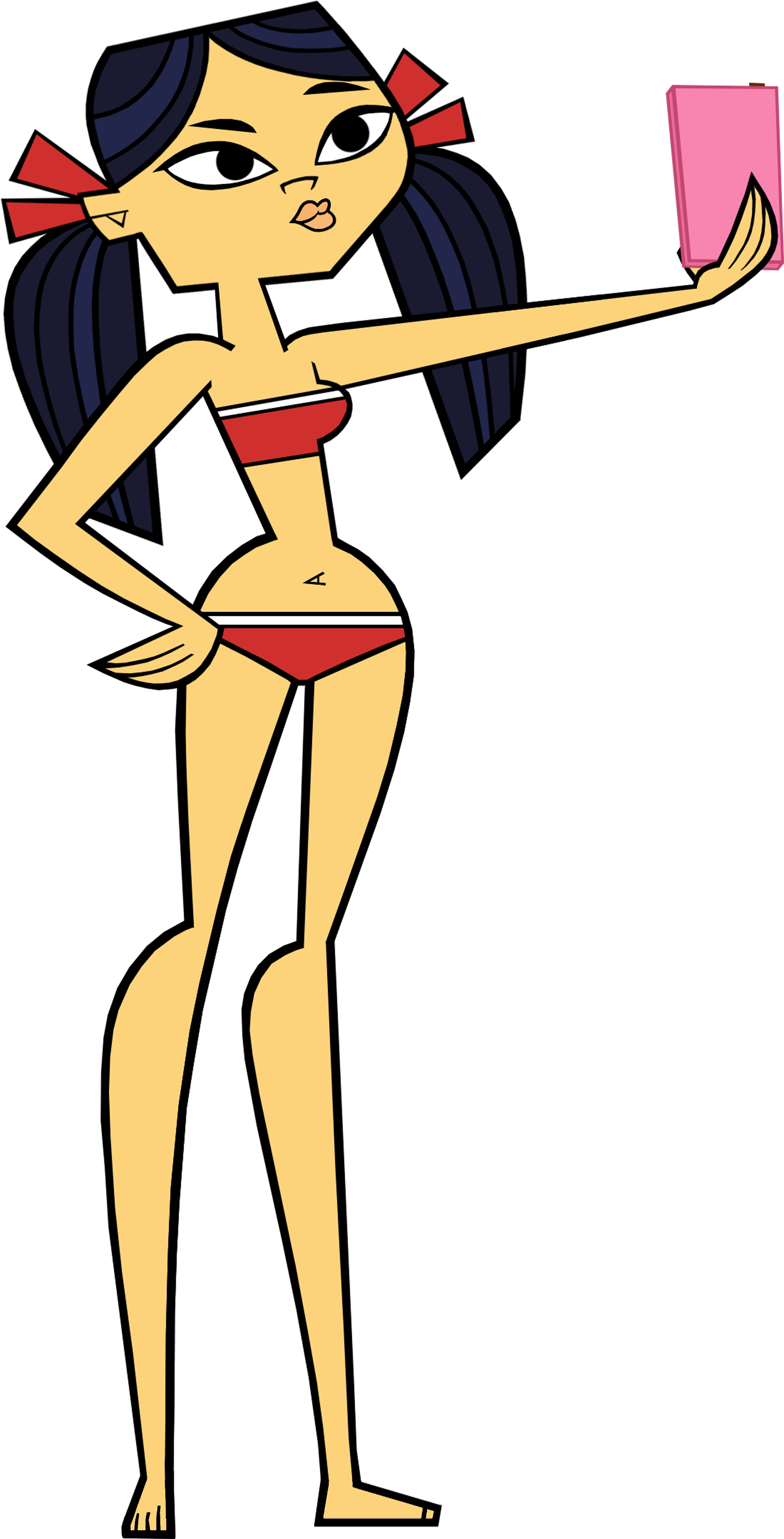 動畫角色穿紅色比基尼自拍 壁紙 — 一個風格化的卡通女孩穿著紅色比基尼，深色頭髮和紅色髮帶，在粉紅色和黑色的背景下自信地擺姿勢。