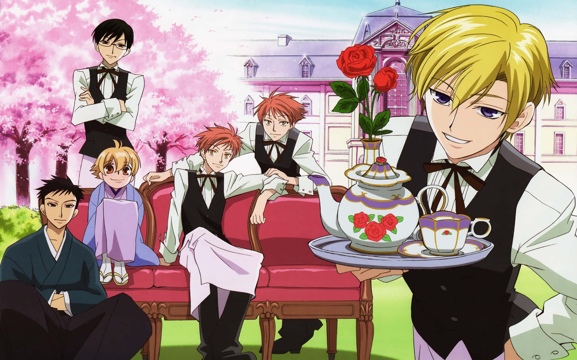 ouran high school host club 桌布 壁紙 — 動畫角色穿著正式服裝在戶外聚集，靠近一座有粉紅色櫻花和茶具的豪宅。