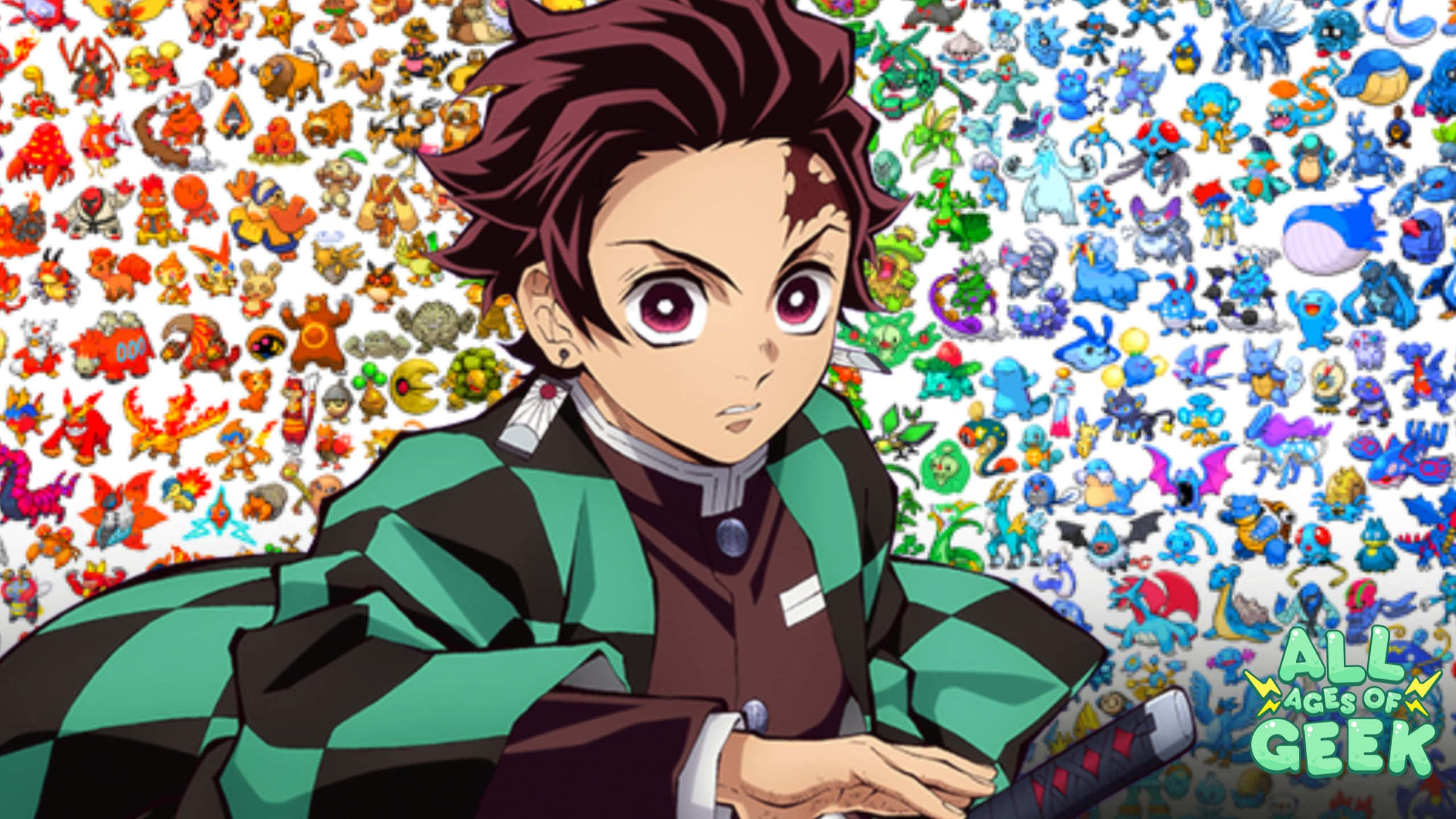 Demon Slayer Characters 桌布 壁紙 — 動畫角色竈門炭治郎站在充滿活力的寵物小精靈精靈馬賽克前。