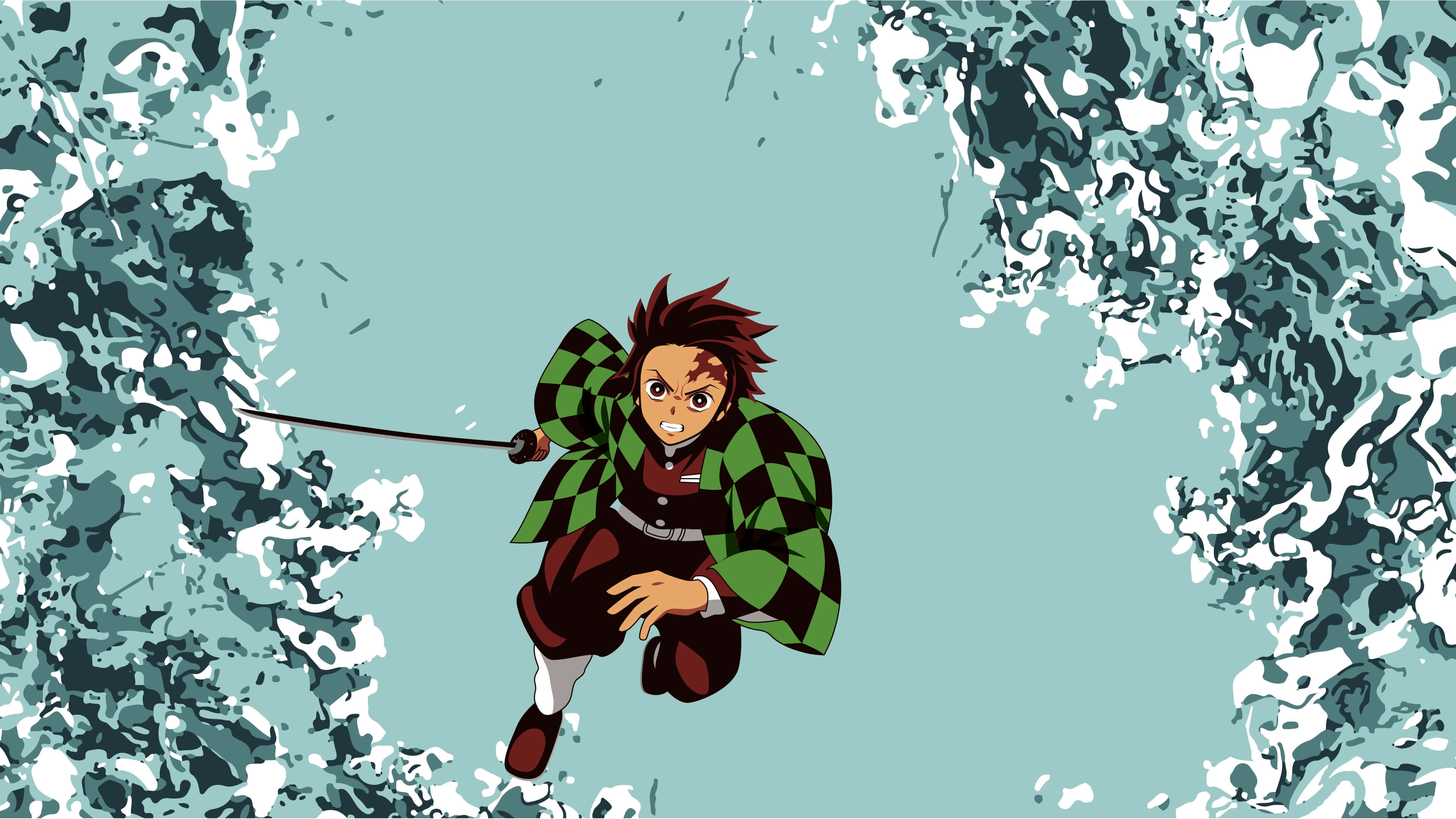 炭治郎 桌布 壁紙 — 動畫角色竈門炭治郎身穿綠色格紋和服，拔刀向前躍起，對抗旋轉的青色和白色水花。