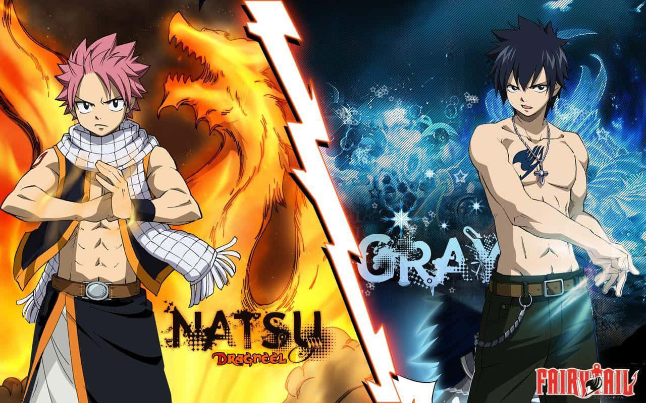 natsu dragneel 桌布 壁紙 — 動畫角色納茲和格雷在閃電裂縫兩側對峙，背景是火熱的橙色和冰冷的藍色。
