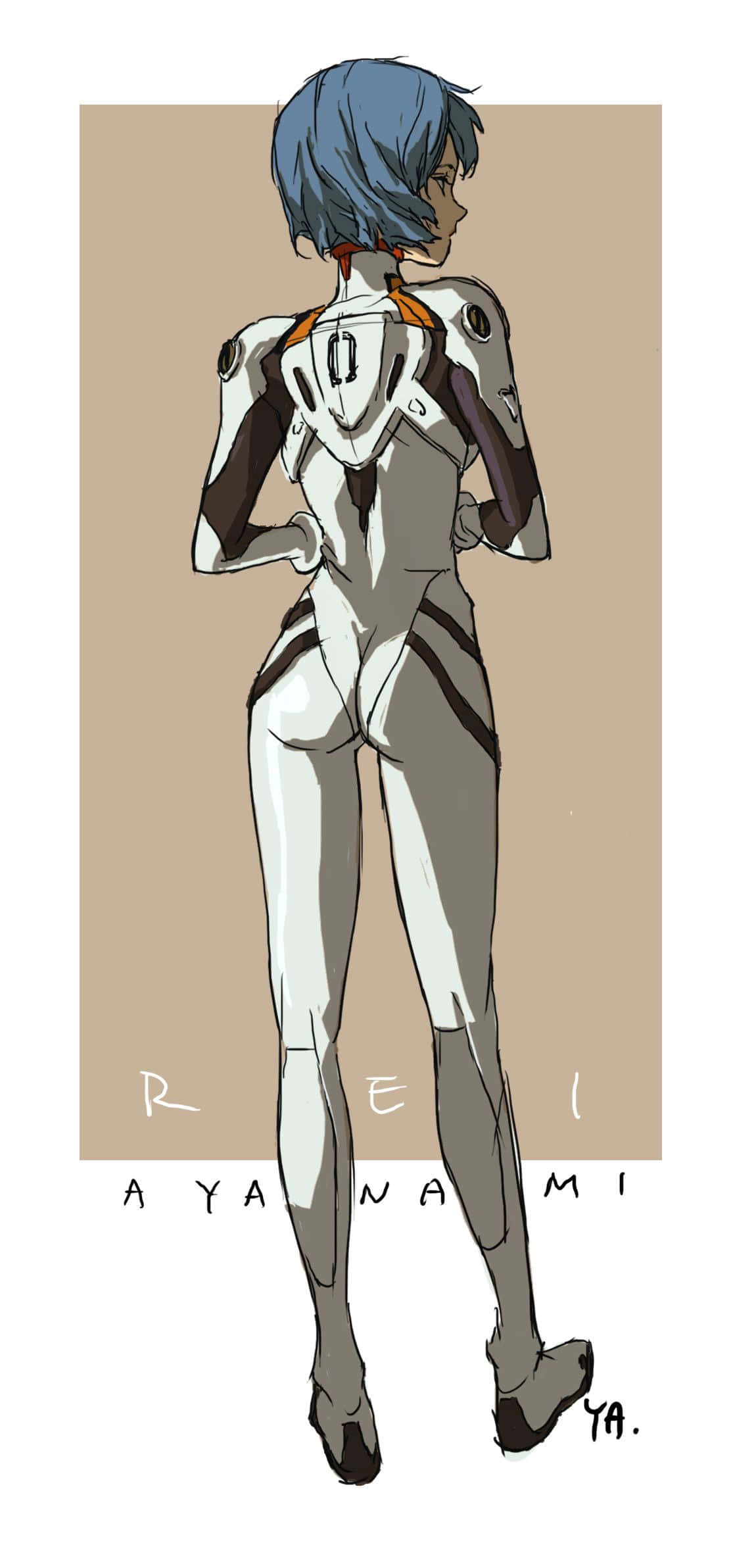 rei ayanami 桌布 壁紙 — 動畫角色綾波麗身穿黑白緊身衣，側面站立在米色背景前。