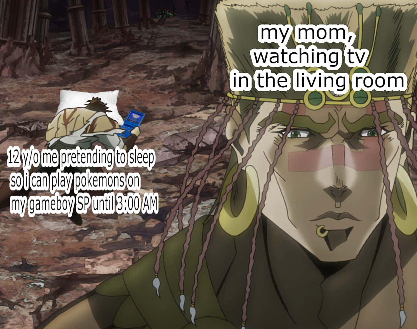 Jojo Meme 桌布 壁紙 — 動畫角色編著辮子，戴著金色圓環耳環，眼神專注，文字疊加描繪了童年遊戲場景。