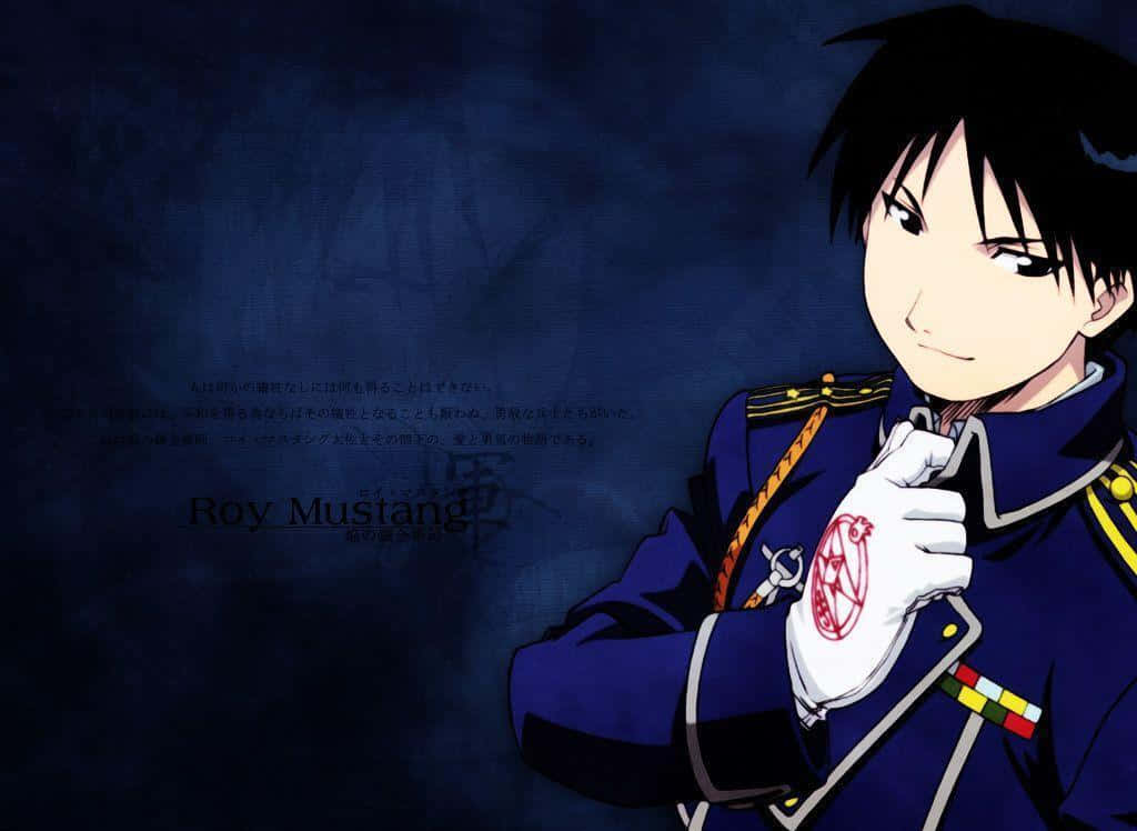 Roy Mustang 桌布 壁紙 — 動畫角色羅伊·馬斯坦古身穿深藍色軍裝，戴著白手套和紅色徽章，背景是憂鬱的藍色。