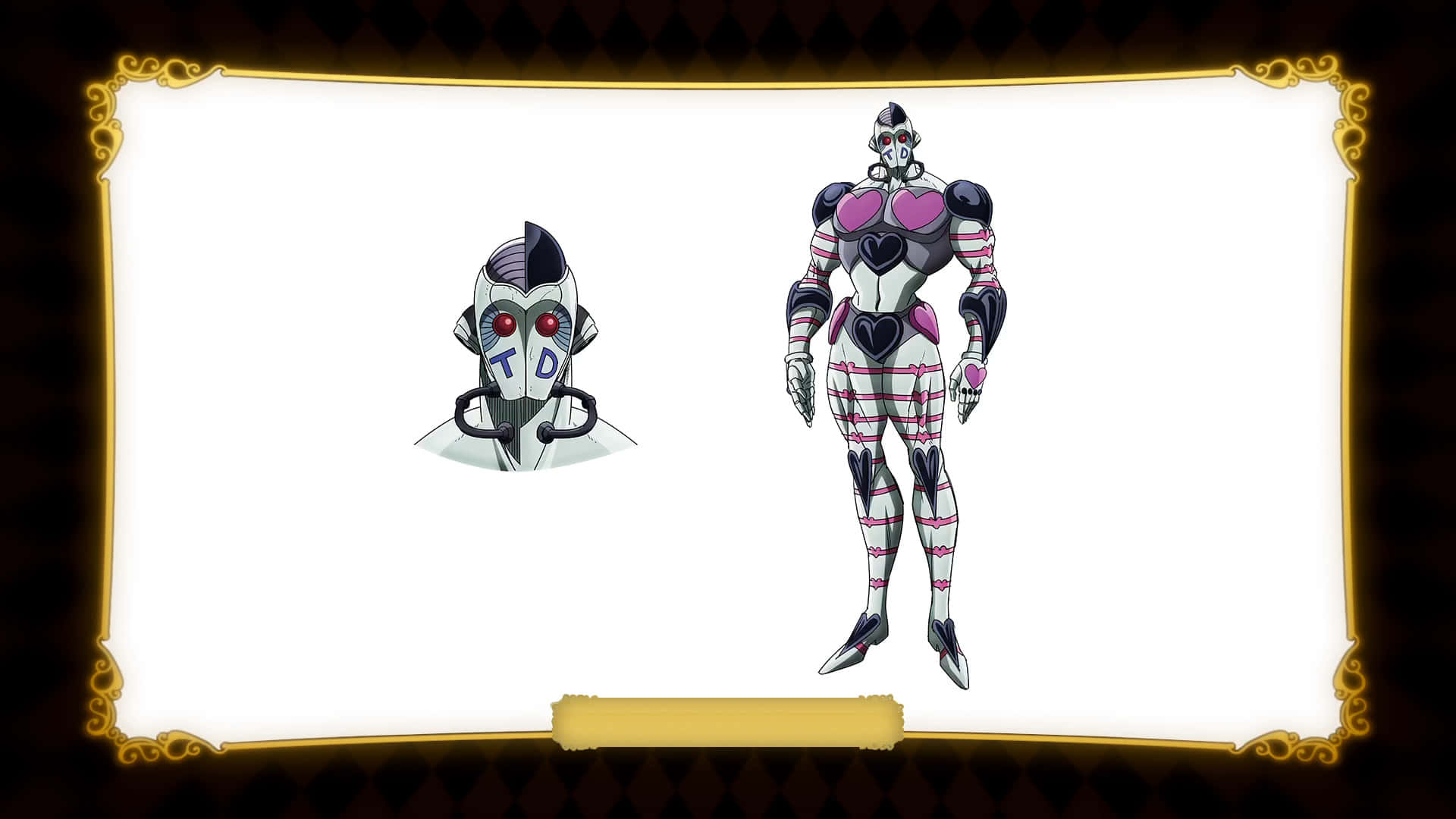Jojo's Bizarre Adventure Atum 桌布 壁紙 — 動畫角色設計表，包含一個帶有粉紅色心形圖案和紅色眼睛機械頭的人形角色。