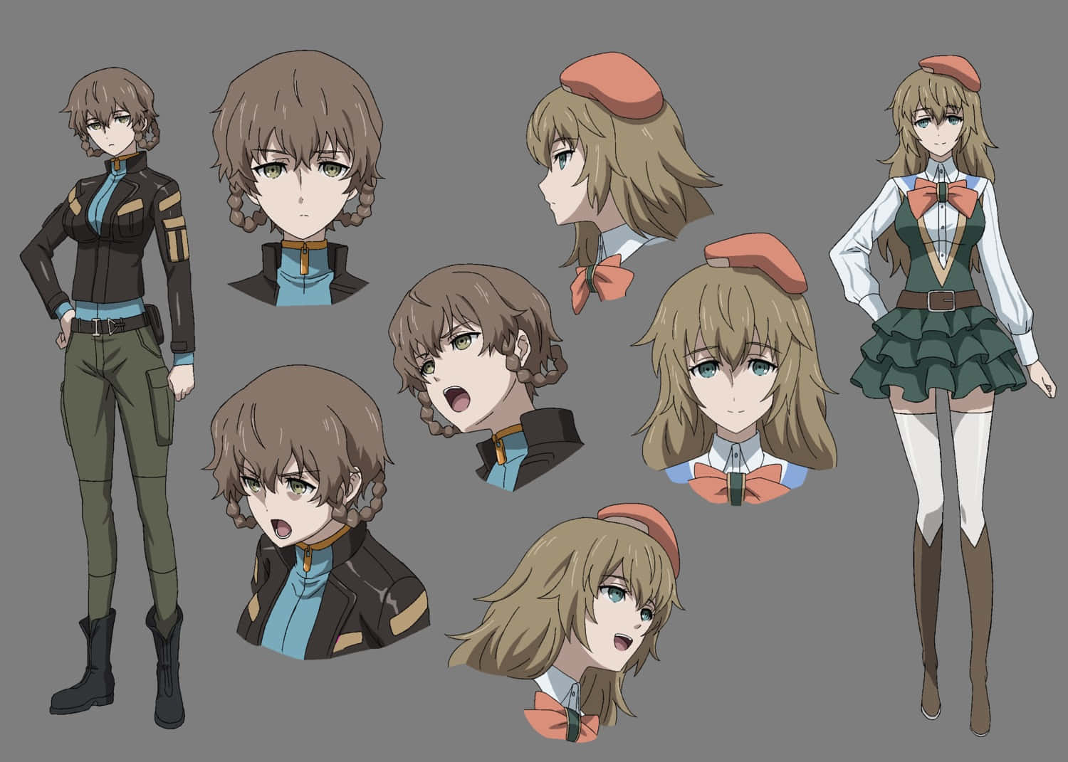 Yuki Amane 桌布 壁紙 — 動畫角色設計表，展示一位棕髮綠眼女孩穿著軍裝和校服的多種姿勢和表情。